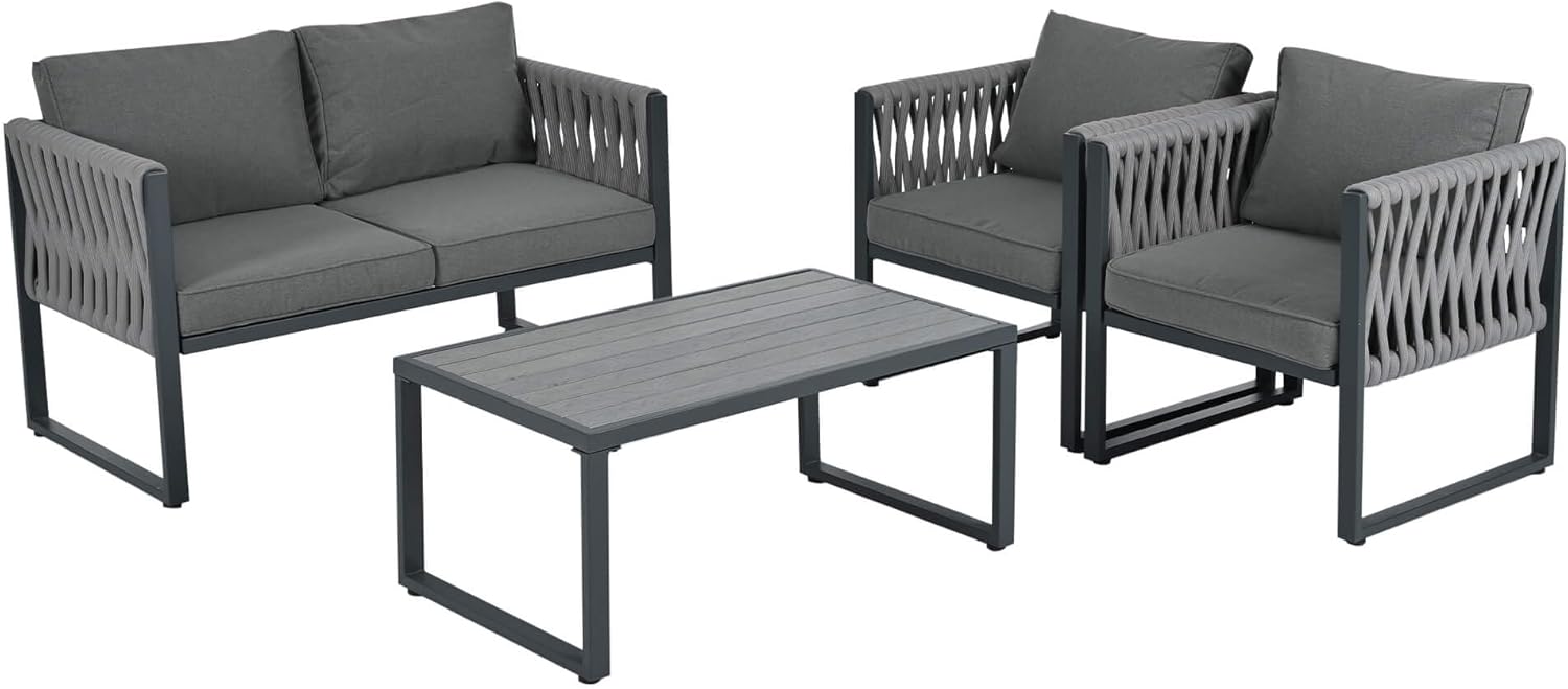 HYUB Zestaw mebli ogrodowych, meble wypoczynkowe do użytku na zewnątrz z podwójną sofą i 2 pojedynczymi sofami, zestaw wypoczynkowy do użytku na zewnątrz ze stolikiem kawowym i poduszkami do