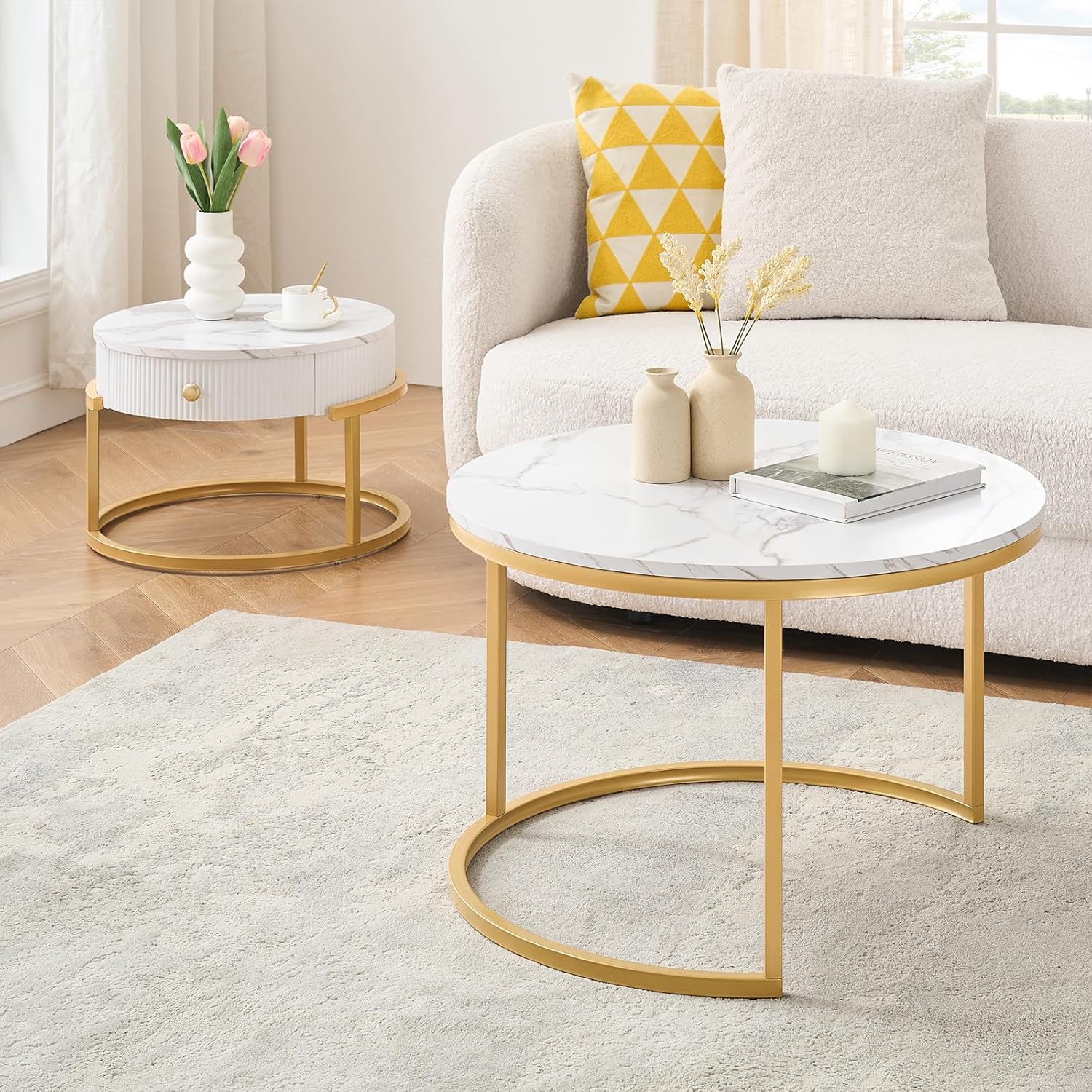 Ginhow Stolik kawowy, okrągły, biały i złoty, 2-częściowy zestaw, stolik kawowy o wyglądzie marmuru, okrągły stolik kawowy z 1 szufladą, nowoczesny stolik pomocniczy, złoty, okrągły, Ø 70 x wys. 45