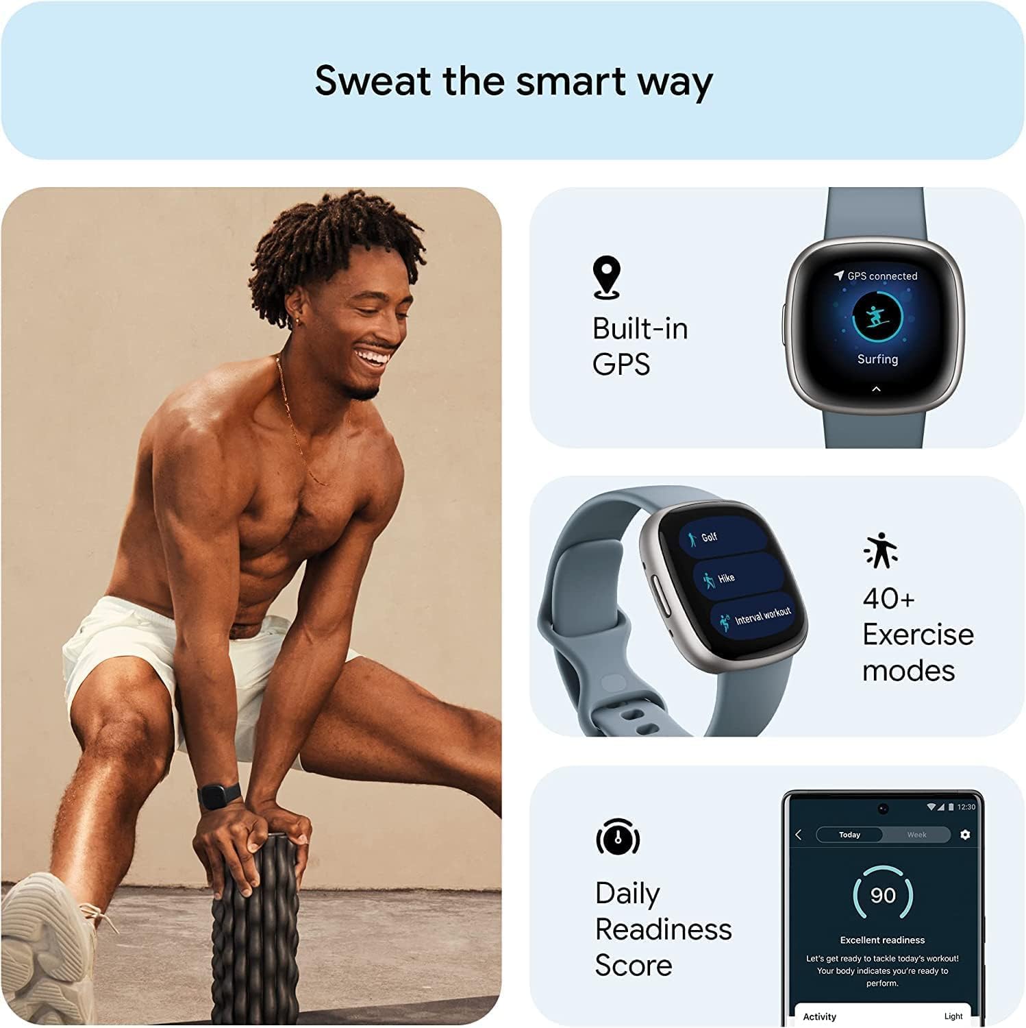 Fitbit Versa 4: Smartwatch aktywnosci fitness z wbudowanym systemem GPS, oraz z żywotnością baterii aż do 6 dni. Kompantybilny z systemem iOS & Android