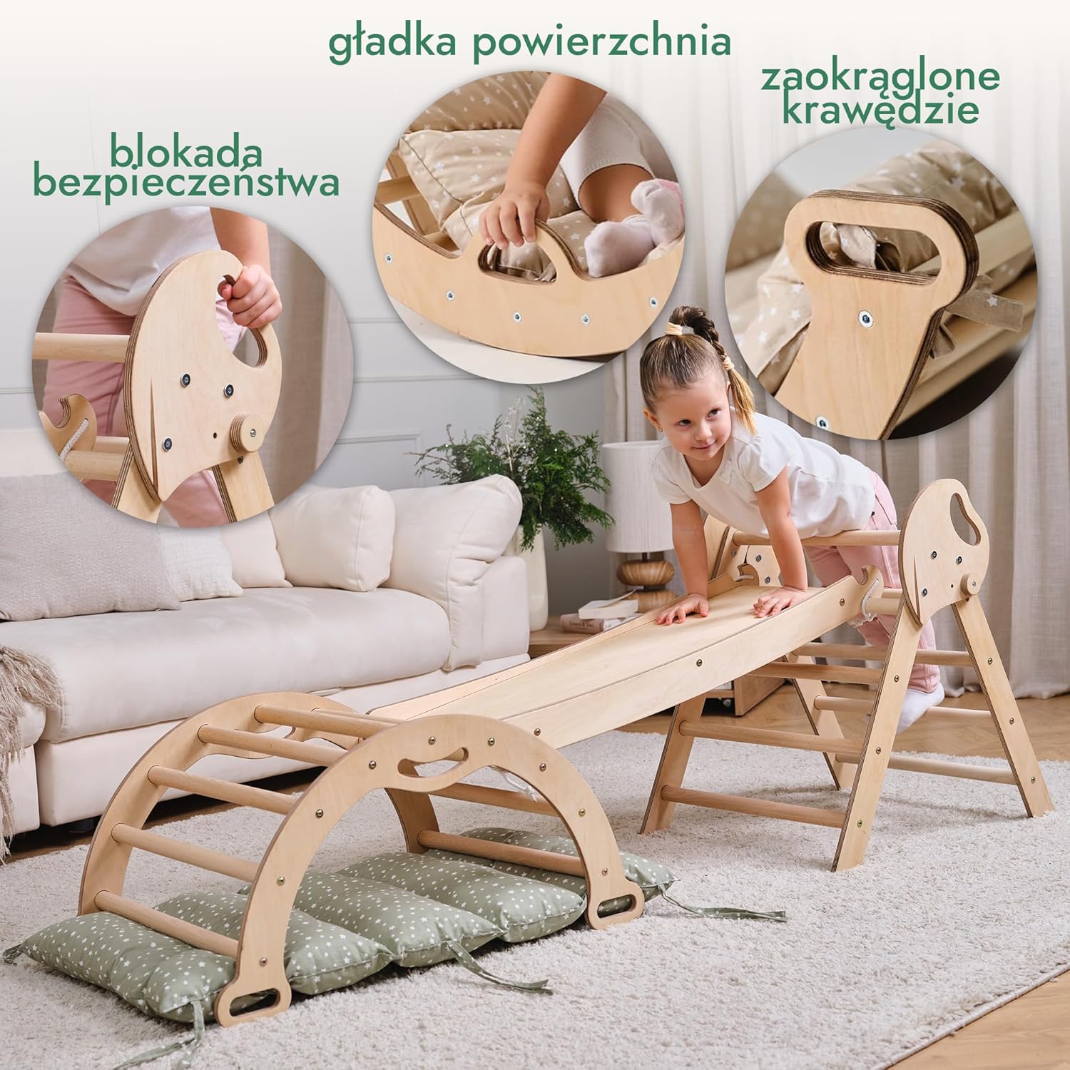 Zestaw wspinaczkowy 5 w 1 Montessori - drewniana siłownia z trójkątną drabinką i łukiem oraz rampą wspinaczkową, siatką i poduszką - rama wspinaczkowa dla maluchów w wieku 1-7 lat w rozmiarze XL