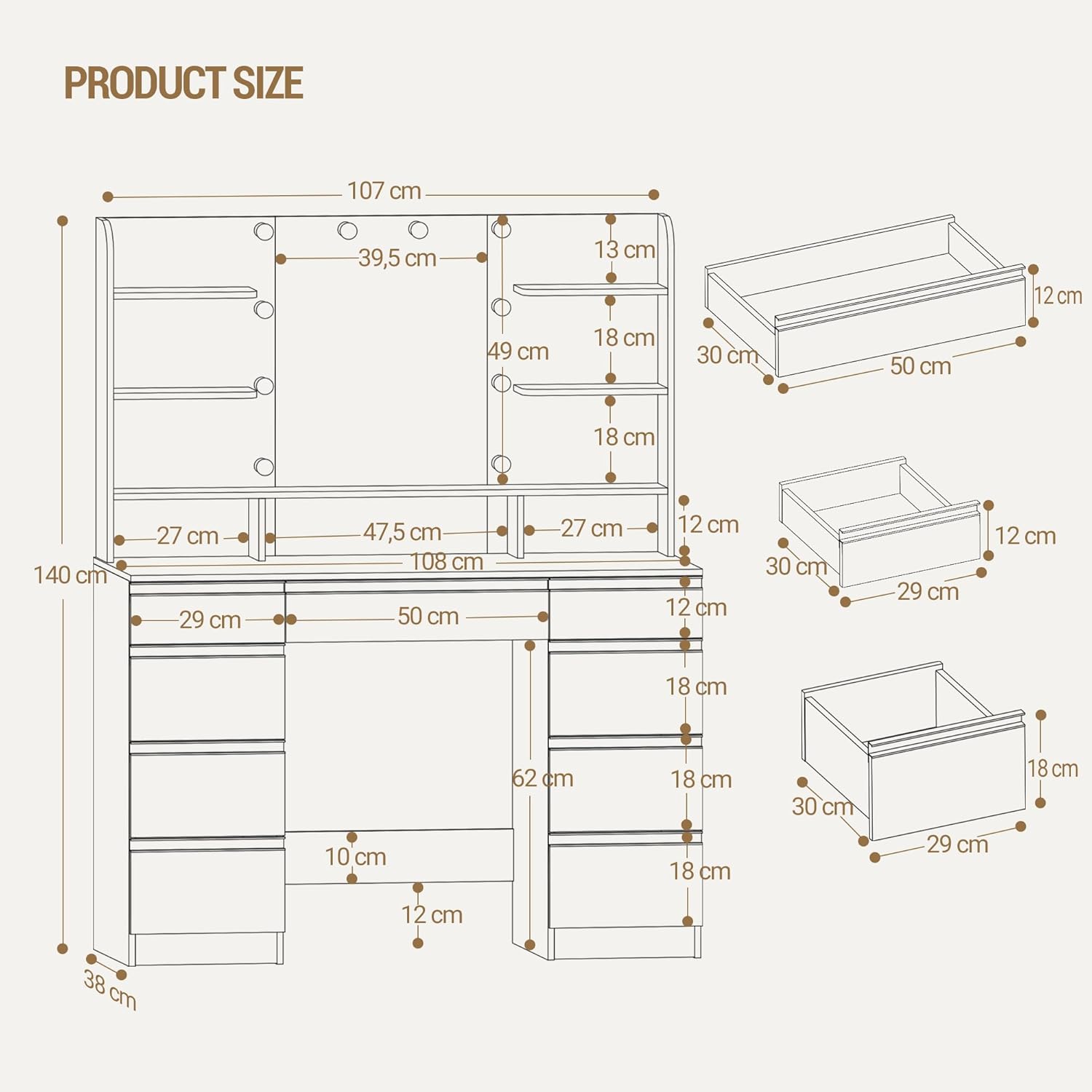 Hzuaneri Toaletka z 10 Kloszami Led, 3 Kolory, Regulowana Jasność, Duże Lustro Hd, 1 Duża Szuflada i 8 Małych Szuflad, 9 Otwartych Schowków, Biała DT35703X