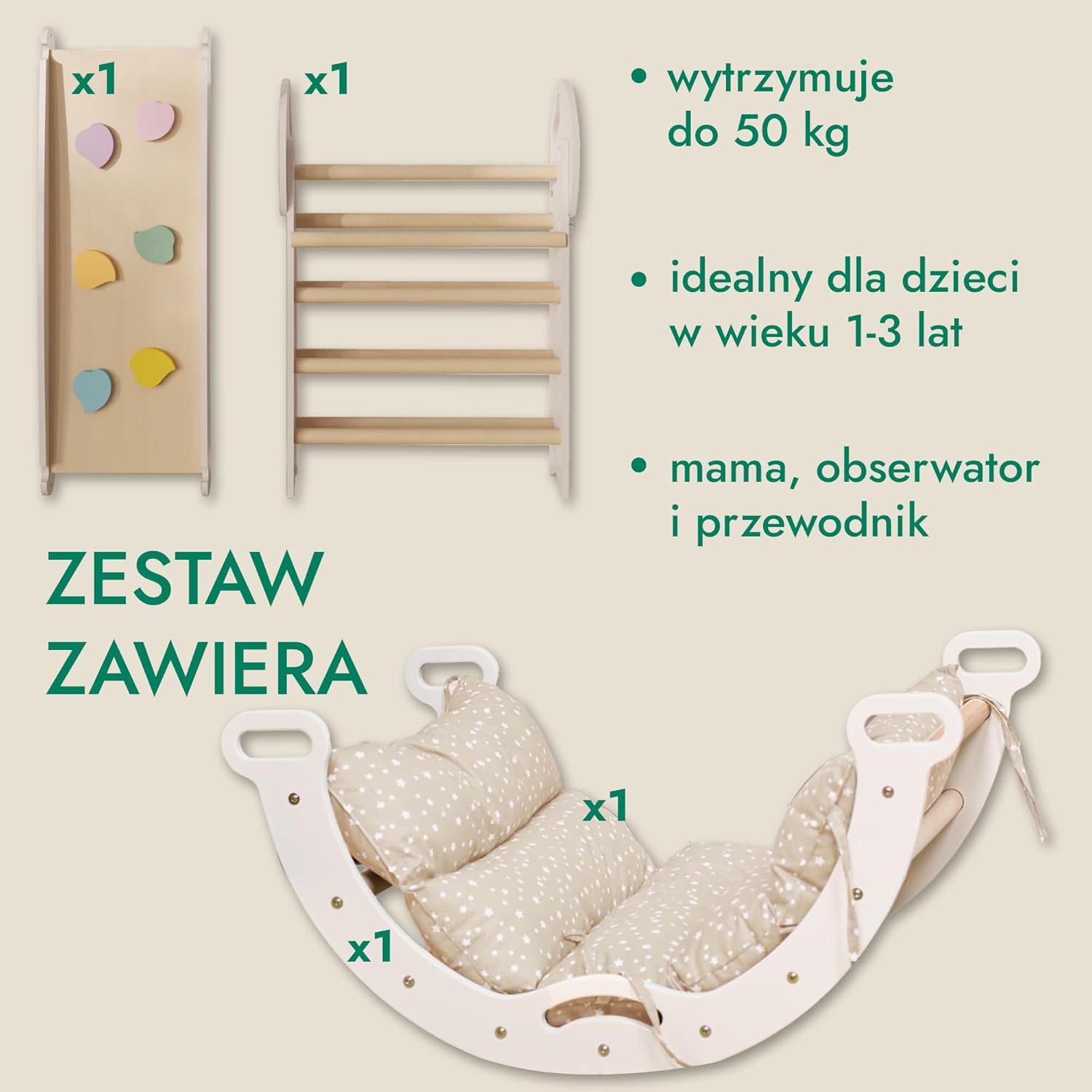 Zestaw wspinaczkowy 5 w 1 Montessori - drewniana siłownia z trójkątną drabinką i łukiem oraz rampą wspinaczkową, siatką i poduszką - rama wspinaczkowa dla maluchów w wieku 1-7 lat w rozmiarze XL