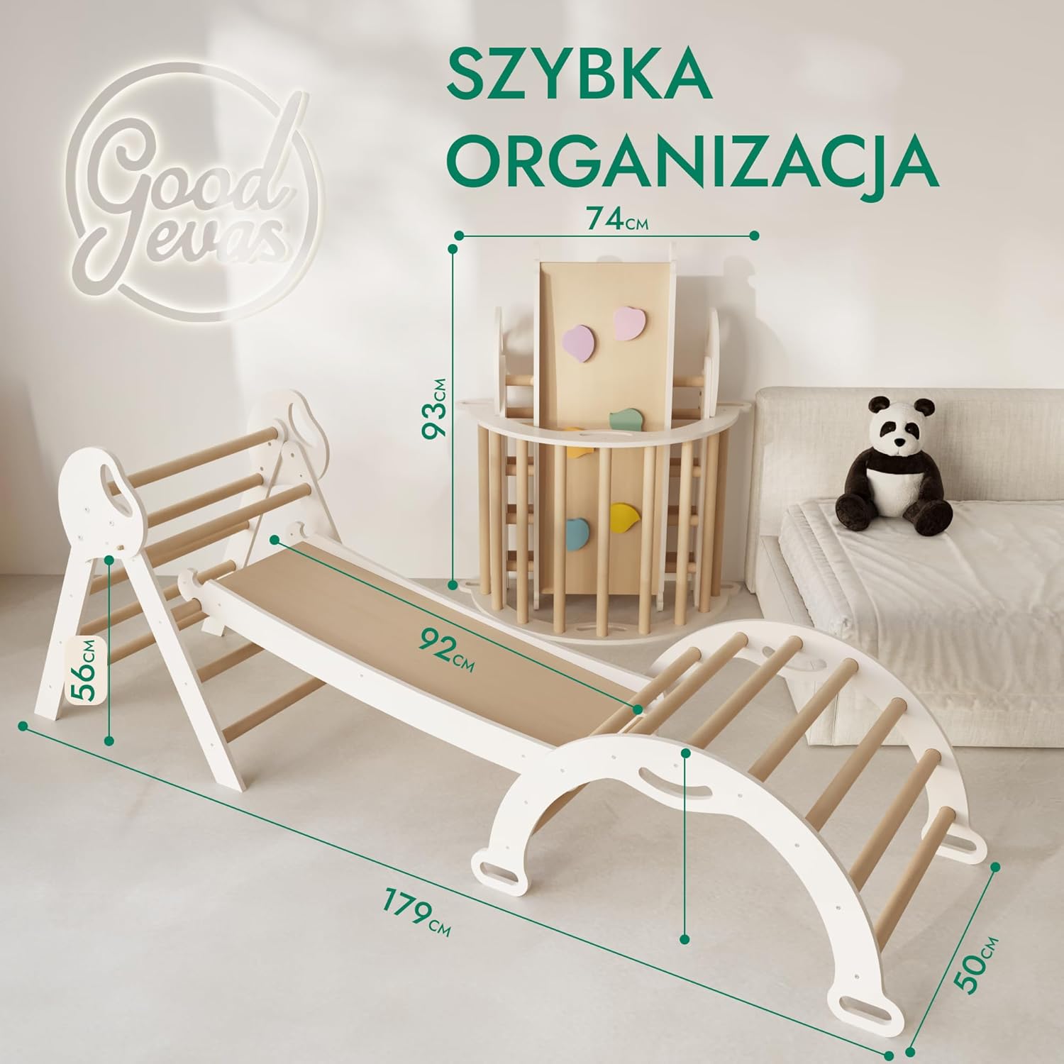 Zestaw wspinaczkowy 5 w 1 Montessori - drewniana siłownia z trójkątną drabinką i łukiem oraz rampą wspinaczkową, siatką i poduszką - rama wspinaczkowa dla maluchów w wieku 1-7 lat w rozmiarze XL