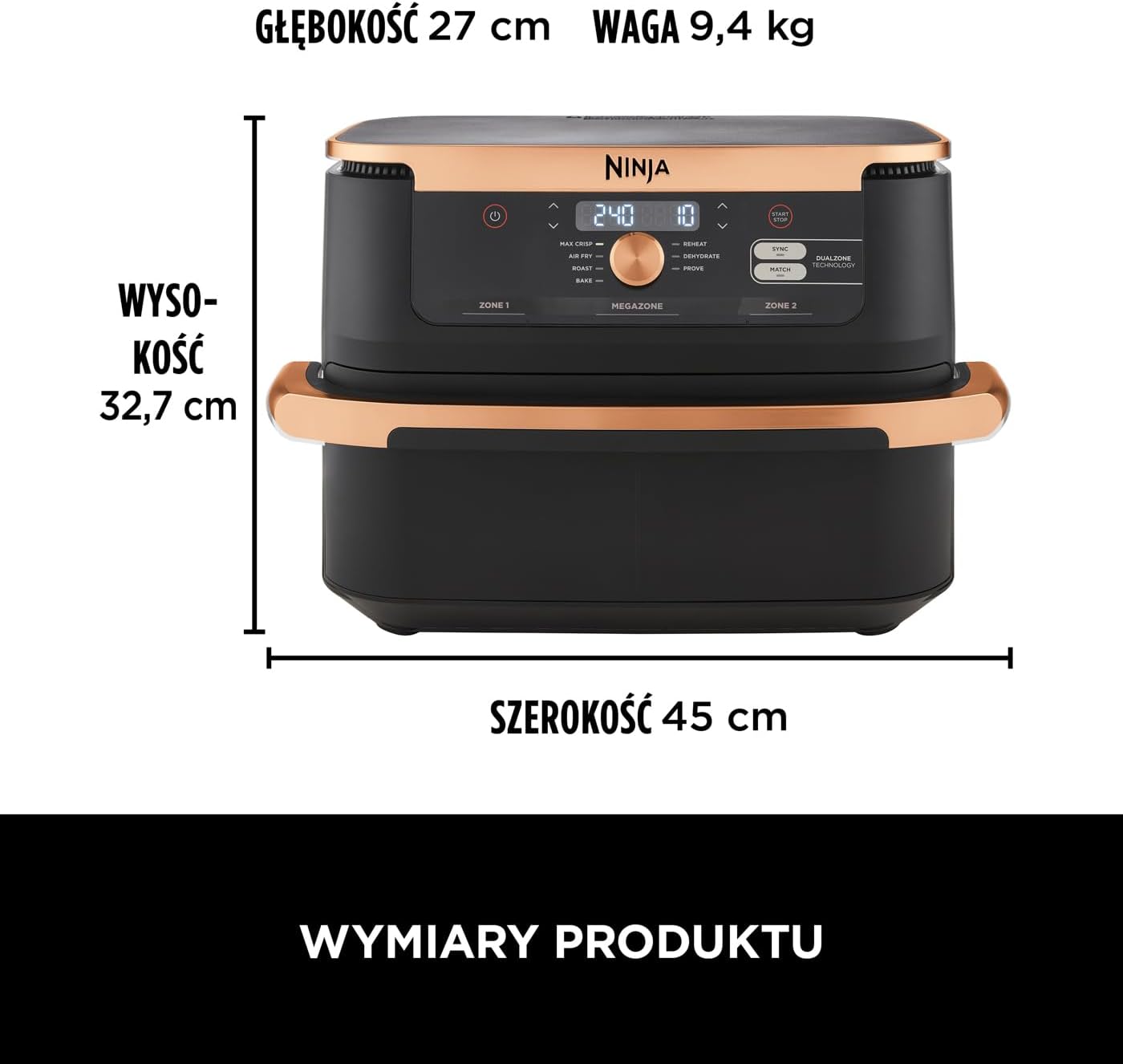 Ninja Foodi MAX Dual Zone Frytkownica beztłuszczowa z 2 szufladami, 9,5 l, kosz nieprzywierający nadaje sie do zmywarki, na 8 porcji, miedziano/czarna, 6 w 1, amazon exclusive, AF400EUCP