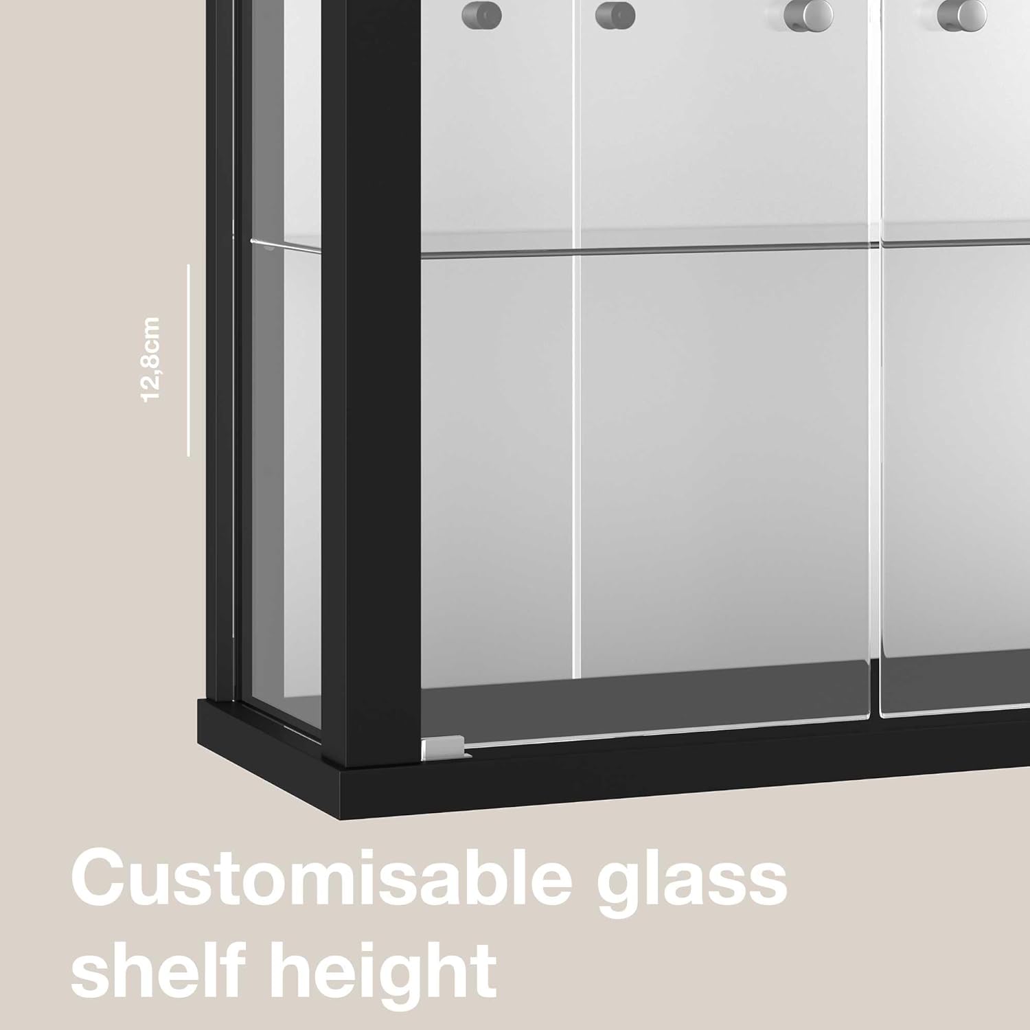 K-Möbel witryna ścienna (80x60x25cm) – Wyprodukowana w Niemczech – Wisząca witryna szklana z 2 regulowanymi półkami z ESG, lustrem i oświetleniem LED w kolorze czarnym Szafka z przeszklonymi drzwiami