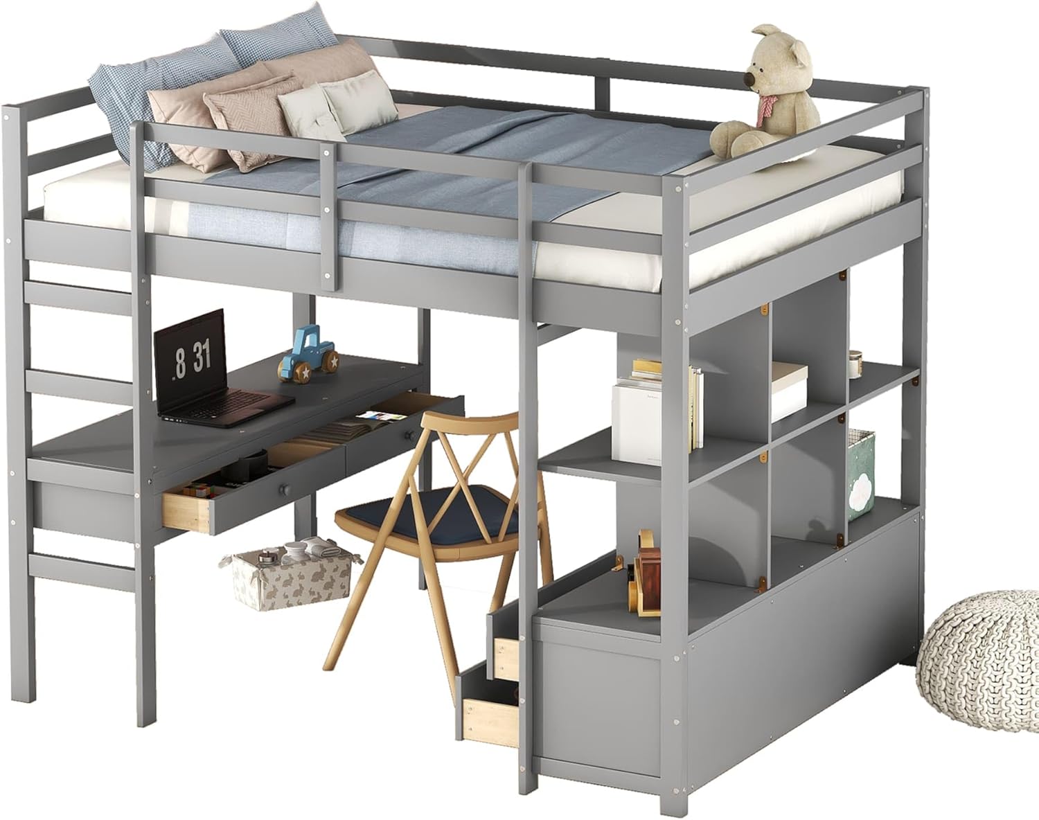 YCYDHDM Łóżko piętrowe 90 x 200 cm z biurkiem i półkami, łóżko piętrowe dla dzieci, łóżko młodzieżowe z zabezpieczeniem przed wypadnięciem i miejscem do przechowywania, rama łóżka z drewna sosnowego,