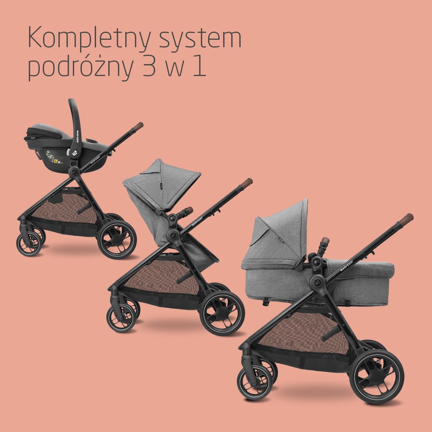 Maxi-Cosi Zelia S Trio Wielofunkcyjny Wózek Dziecięcy 3w1, 0–4 Lata, do 22 kg, Składany, Kompakt i Odchylany Wózek Spacerowy z Fotelik Samochodowy CabrioFix S i-Size i Torbą z Akcesoriami, Szary