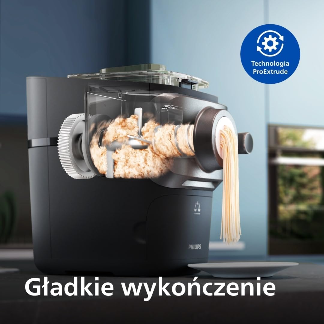 Philips Seria 7000 Urządzenie do wyrobu makaronu - Technologia ProExtrude, Automatyczne ważenie, 8 tarczy formujących, Idealne ciasto, Łatwe czyszczenie, Czarny (HR2665/93)