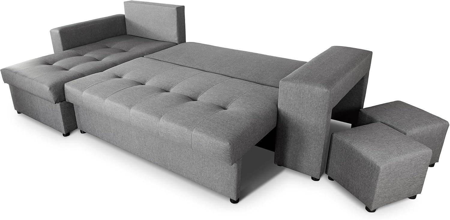 NAWSTOL - Sofa narożna Leon z funkcją spania i skrzynią na pościel – nowoczesna sofa do salonu – możliwość montażu z lewej lub prawej strony (szara + biała sztuczna skóra)