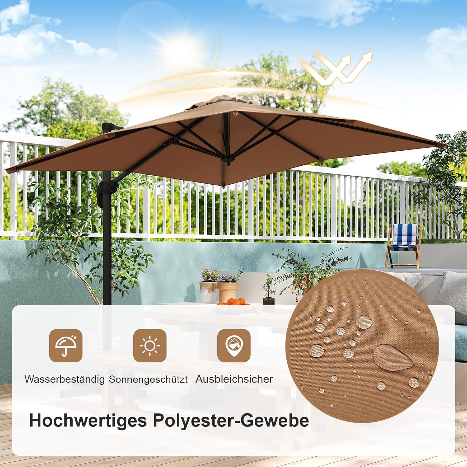 COSTWAY Parasol przeciwsłoneczny, prostokątny, 300 x 300 cm, duży parasol przeciwsłoneczny z korbą, parasol ogrodowy, odchylany o 360°, parasol tarasowy, do ogrodu, na taras, balkon (czarny)