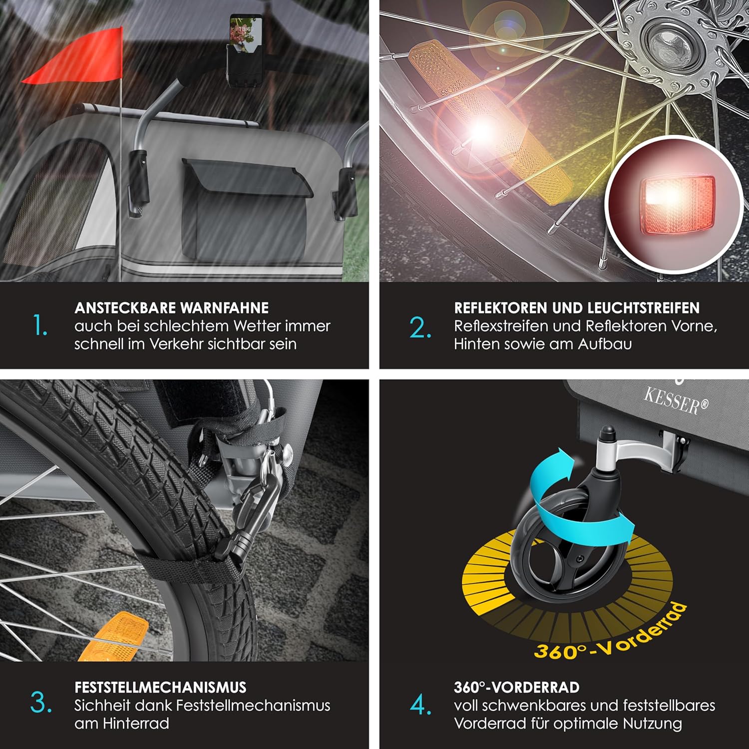 KESSER® Przyczepka rowerowa dla dzieci Sport-RX 2w1 z funkcją jazdy Przyczepka rowerowa dla dzieci + 5-punktowy pas bezpieczeństwa 360°
