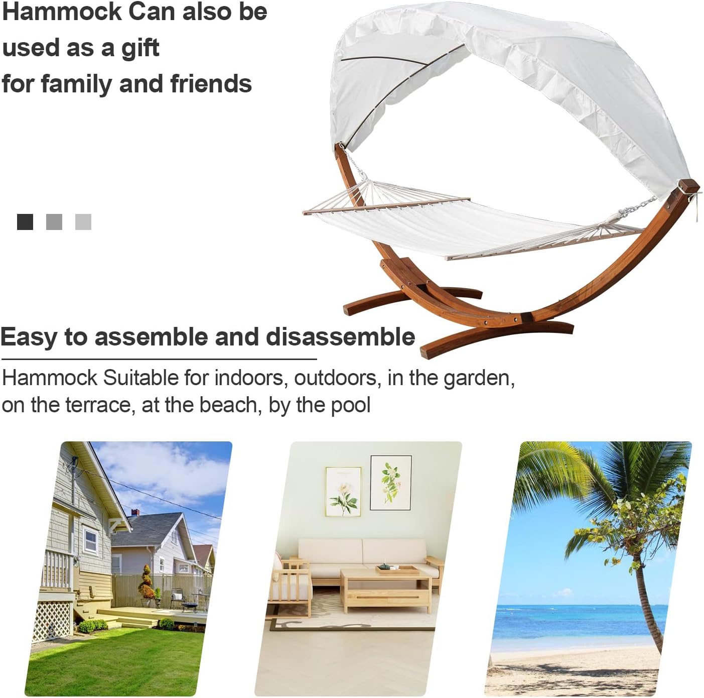 Tubiaz Hamaki ze stelażem, do użytku na zewnątrz, drewniane, 200 x 150 cm, hamak z dachem, nośność 200 kg, na kemping, do ogrodu, na plażę, balkon, fotel wiszący dla 2 osób