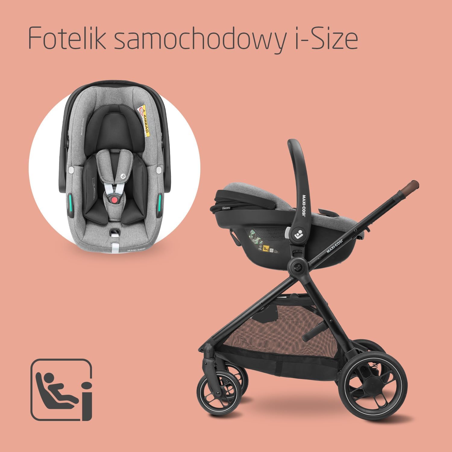 Maxi-Cosi Zelia S Trio Wielofunkcyjny Wózek Dziecięcy 3w1, 0–4 Lata, do 22 kg, Składany, Kompakt i Odchylany Wózek Spacerowy z Fotelik Samochodowy CabrioFix S i-Size i Torbą z Akcesoriami, Szary