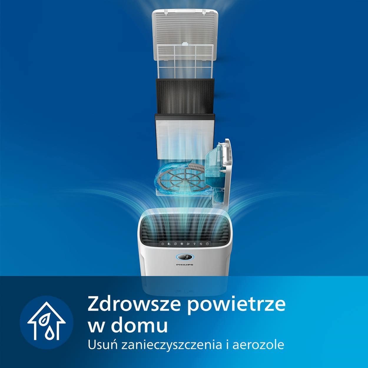 Philips, Oczyszczacz i nawilżacz powietrza 2 w 1 z serii 3400, HEPA NanoProtect + filtr z aktywnym węglem, higieniczne nawilżanie 650 ml/h, CADR 300 m³/h dla 78 m² (AC3421/13)