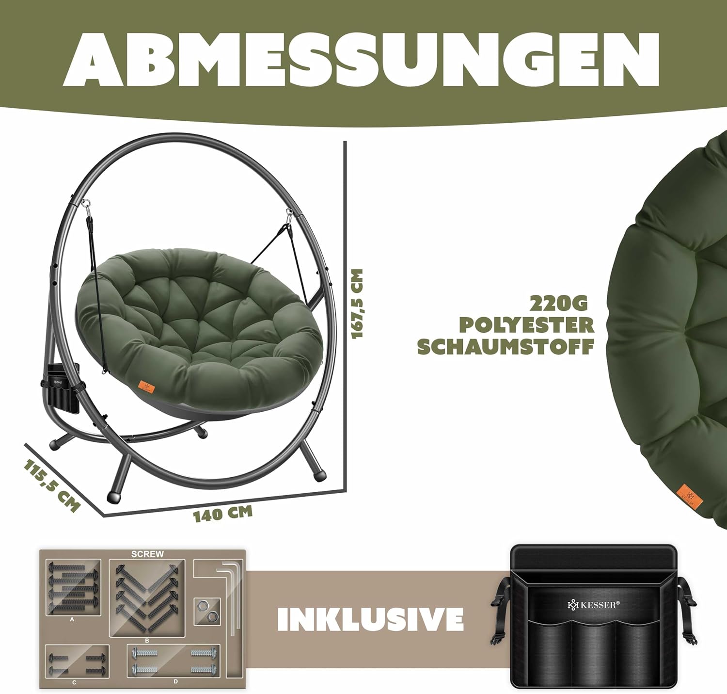 KESSER® Fotel wiszący ze stalowym stelażem, huśtawka, do 150 kg, do użytku wewnątrz i na zewnątrz, z poduszką i kieszenią boczną, kosz wiszący, piankowa poduszka, idealny do salonu i ogrodu