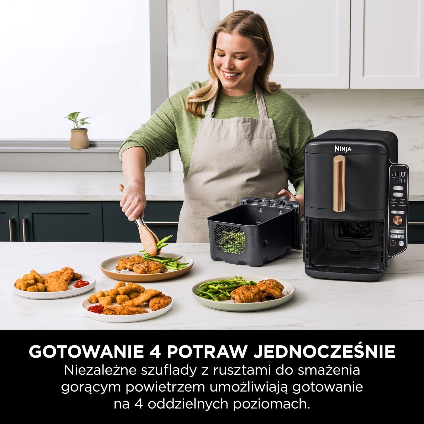 Ninja Foodi MAX Dual Zone Frytkownica beztłuszczowa z 2 szufladami, 9,5 l, kosz nieprzywierający nadaje sie do zmywarki, na 8 porcji, miedziano/czarna, 6 w 1, amazon exclusive, AF400EUCP