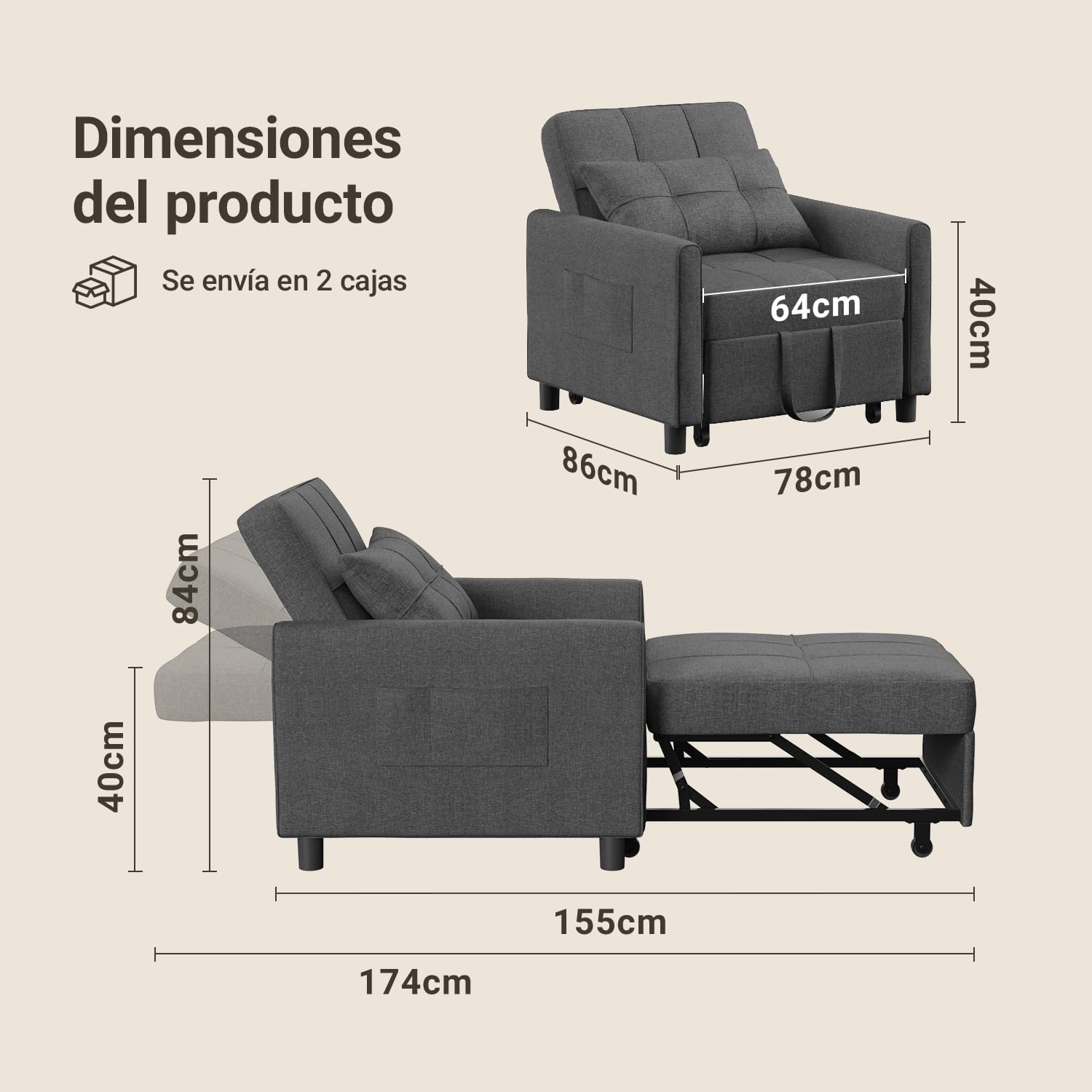 Xbro Fotel Do Spania 3 w 1, Rozkładana Sofa z Funkcją Łóżka, Regulowane Krzesło z Poduszką i Kieszenią, Wielofunkcyjny Fotel na Małe Przestrzenie, Akademiki, Biura
