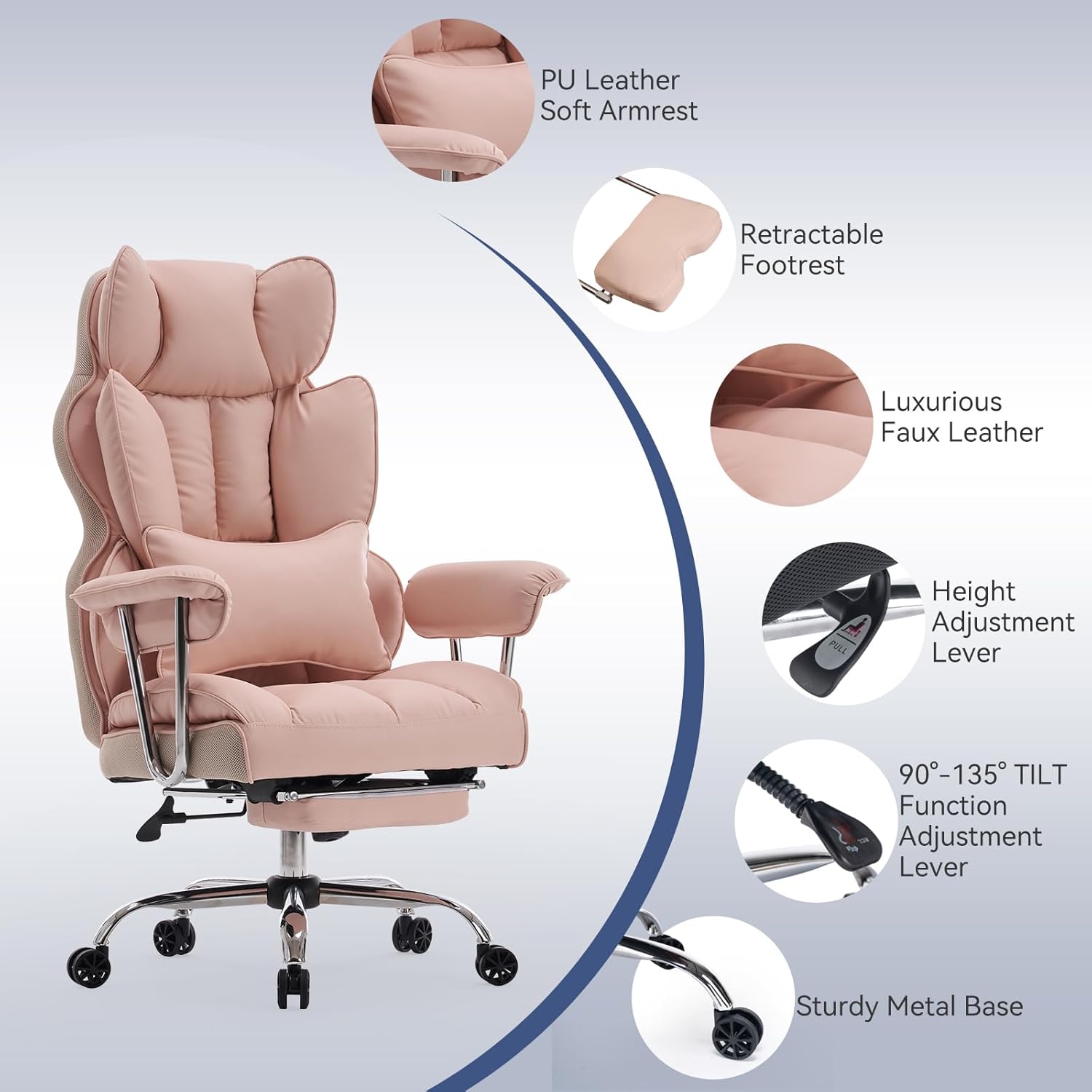 Efomao ergonomiczny fotel biurowy, krzesło kierownicze z PU skóry, fotel biurowy do 200 kg z podnóżkiem i podpórką lędźwiową, regulowane krzesło z wysokim oparciem