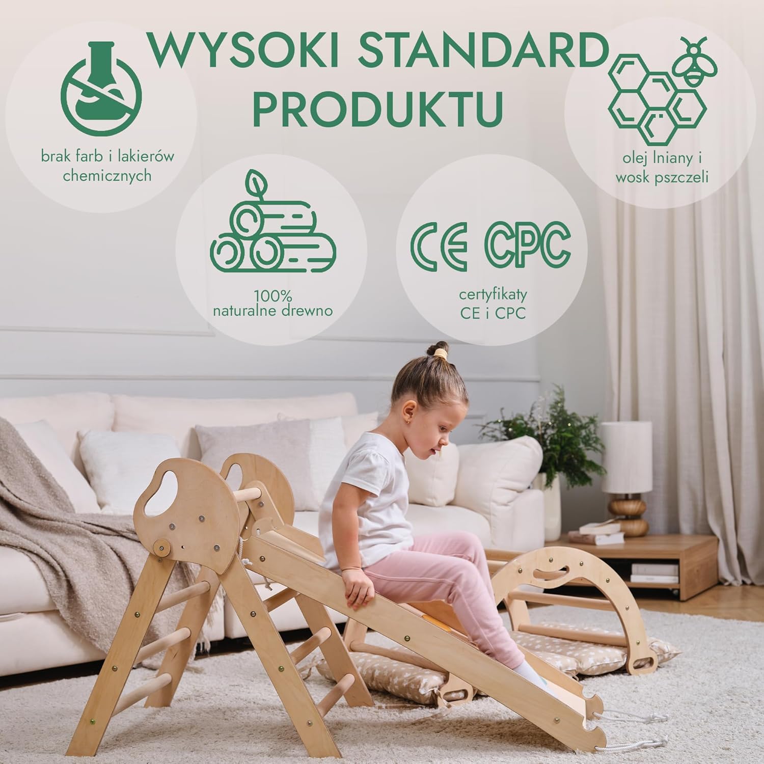 Zestaw wspinaczkowy 5 w 1 Montessori - drewniana siłownia z trójkątną drabinką i łukiem oraz rampą wspinaczkową, siatką i poduszką - rama wspinaczkowa dla maluchów w wieku 1-7 lat w rozmiarze XL