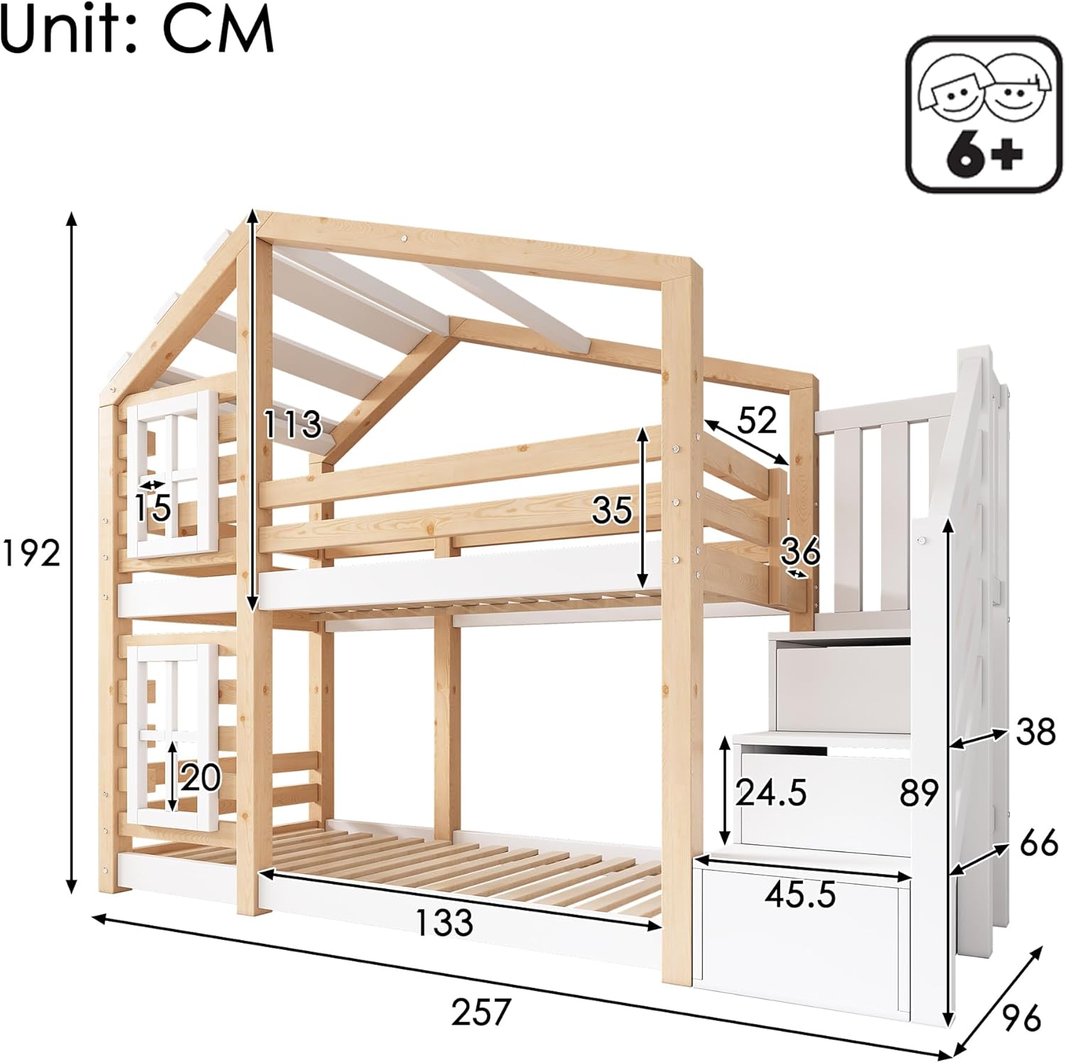 Dolamaní Łóżko domowe 90 x 200 cm ze schodami, łóżko piętrowe 90 x 200 cm, łóżko piętrowe z szufladą i zabezpieczeniem przed wypadnięciem, łóżko pojedyncze dla dzieci, 2 stelaże z listew, kolor