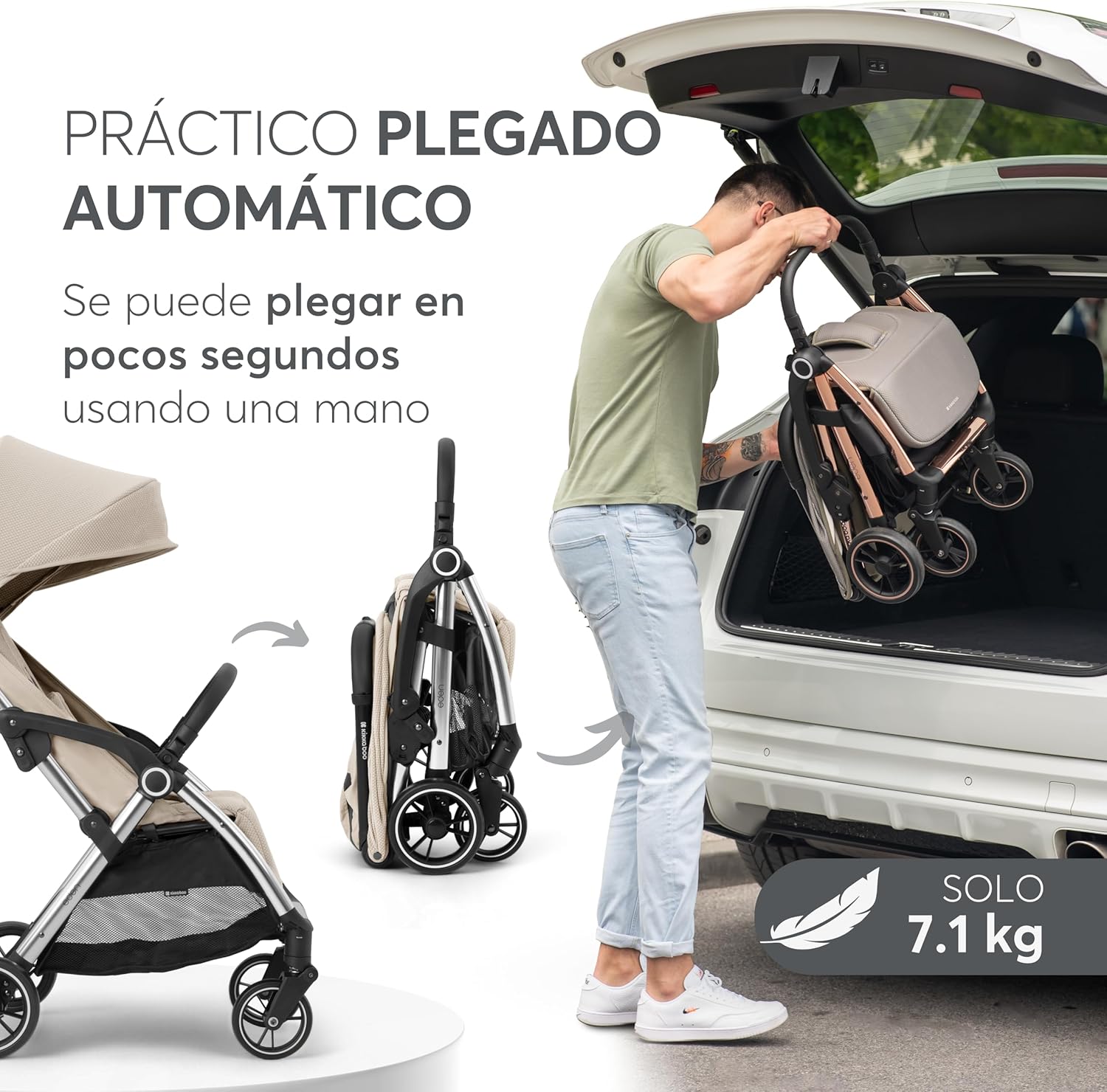 KikkaBoo EDEN Buggy, wózek dziecięcy do 22 kg, automatyczne składanie, pozycja nachylenia, ultralekki, kompaktowy, beżowy