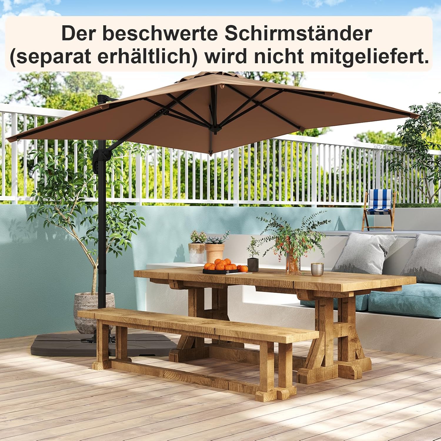 COSTWAY Parasol przeciwsłoneczny, prostokątny, 300 x 300 cm, duży parasol przeciwsłoneczny z korbą, parasol ogrodowy, odchylany o 360°, parasol tarasowy, do ogrodu, na taras, balkon (czarny)