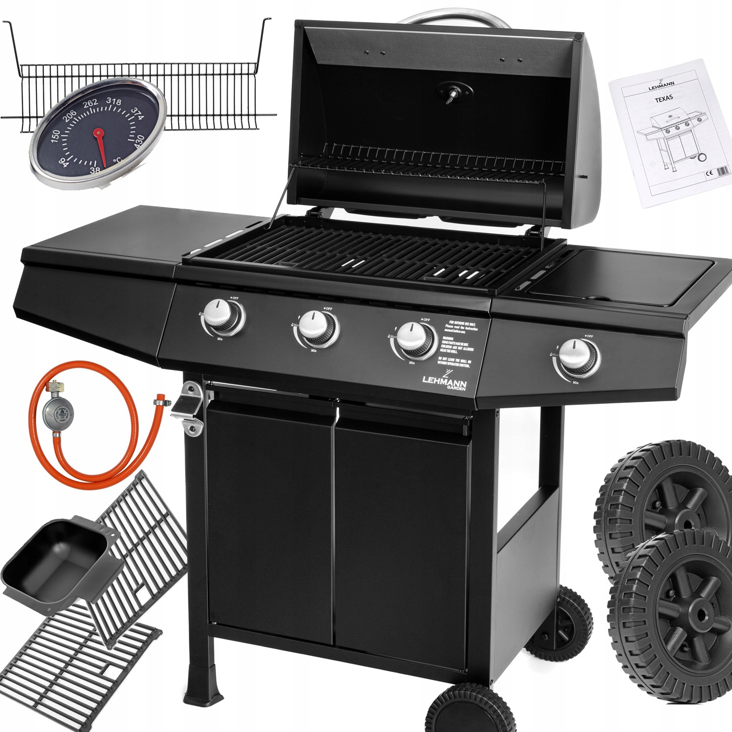 GRILL GAZOWY OGRODOWY ŻELIWNY RUSZT NIERDZEWNY LEHMANN OHIO 4+1 POKROWIEC