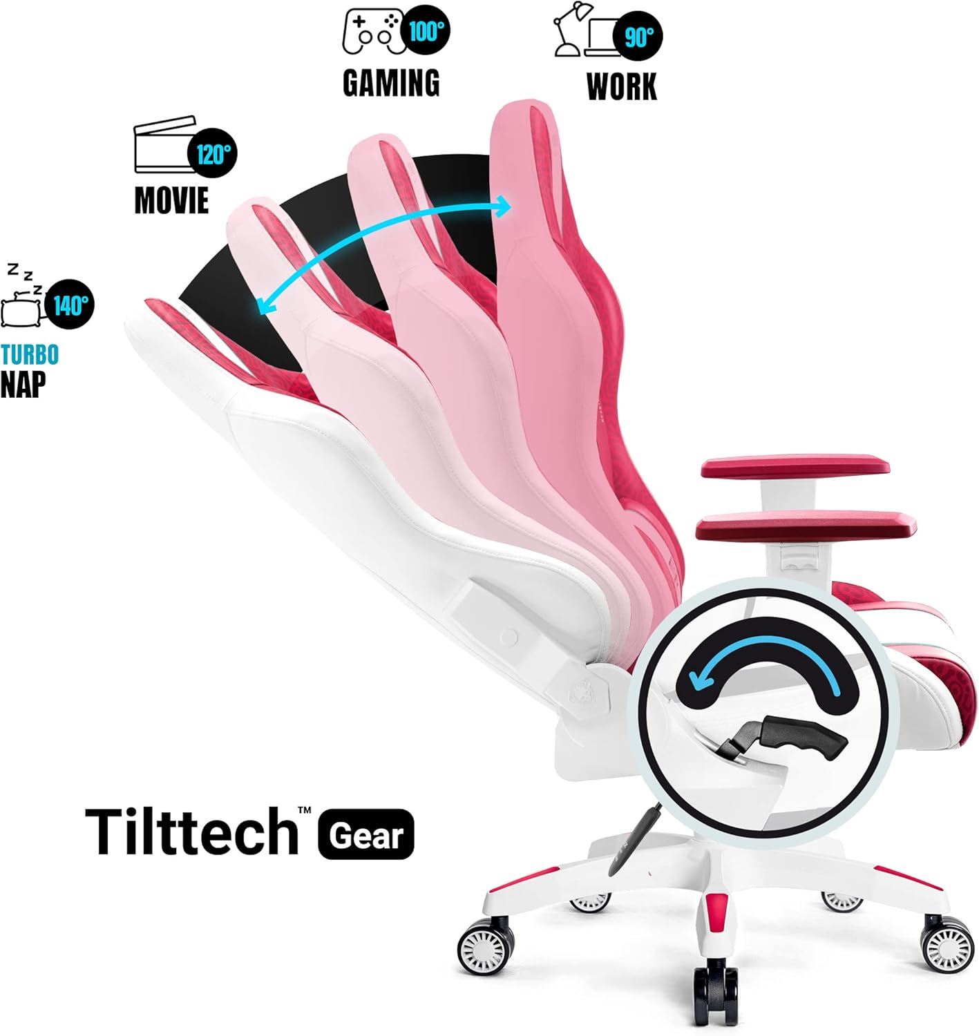 Diablo X-One 2.0 Fotel Gamingowy Krzesło Biurowe Dla Gracza Obrotowy Regulowane Podłokietniki Ekoskóra Ergonomiczny Design Funkcja Bujania Poduszka Pod Kark i Lędźwie (Candy Rose, Normal)