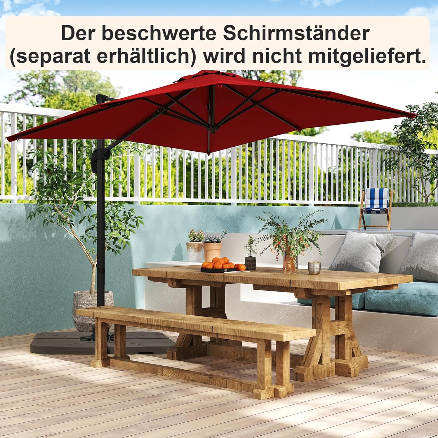 COSTWAY Parasol przeciwsłoneczny, prostokątny, 300 x 300 cm, duży parasol przeciwsłoneczny z korbą, parasol ogrodowy, odchylany o 360°, parasol tarasowy, do ogrodu, na taras, balkon (czarny)