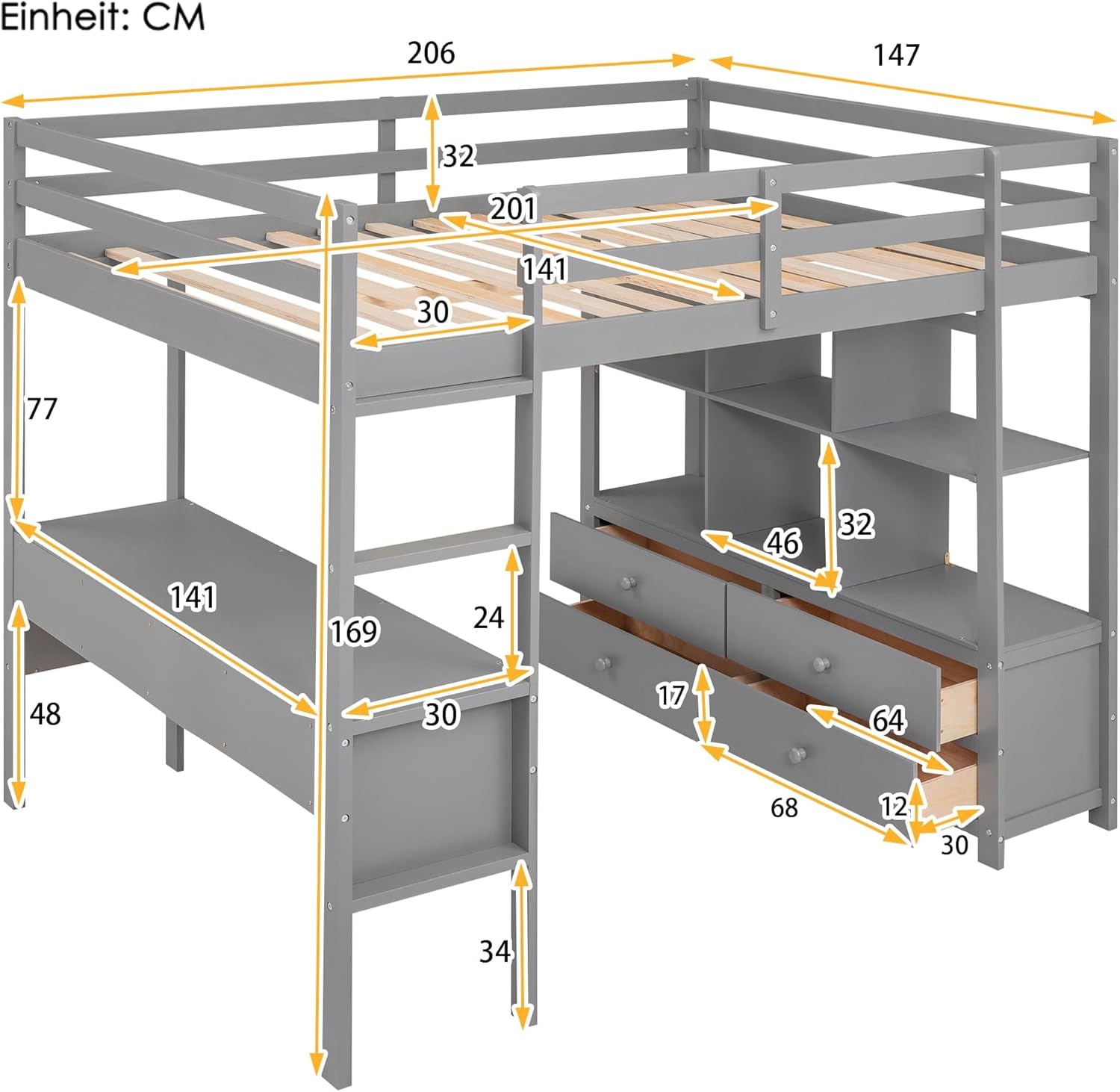 YCYDHDM Łóżko piętrowe 90 x 200 cm z biurkiem i półkami, łóżko piętrowe dla dzieci, łóżko młodzieżowe z zabezpieczeniem przed wypadnięciem i miejscem do przechowywania, rama łóżka z drewna sosnowego,