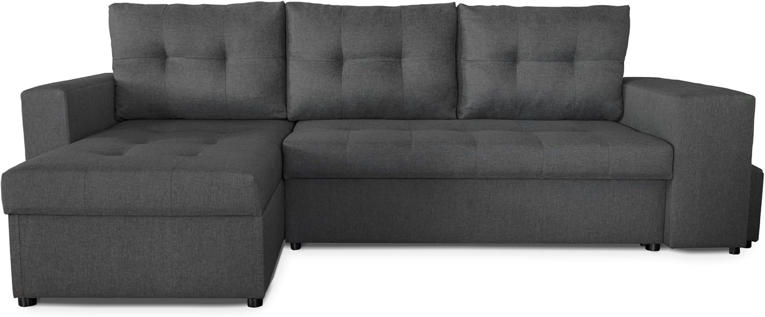 NAWSTOL - Sofa narożna Leon z funkcją spania i skrzynią na pościel – nowoczesna sofa do salonu – możliwość montażu z lewej lub prawej strony (szara + biała sztuczna skóra)