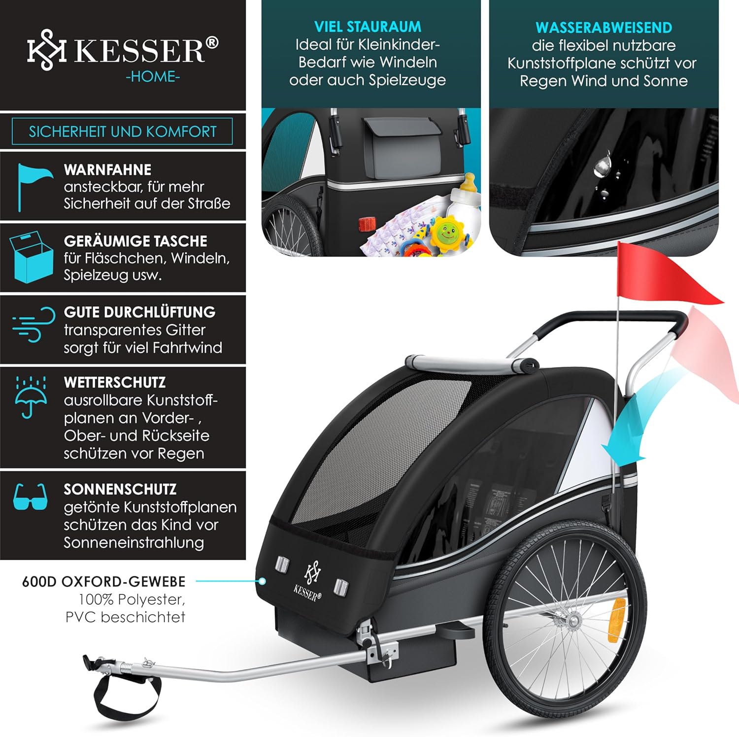 KESSER® Przyczepka rowerowa dla dzieci Sport-RX 2w1 z funkcją jazdy Przyczepka rowerowa dla dzieci + 5-punktowy pas bezpieczeństwa 360°