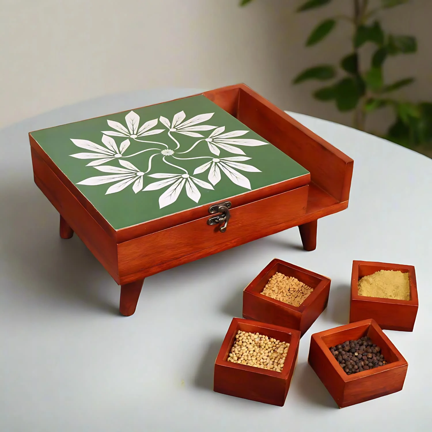 Greenvines Wooden Spice Box in 9 partitions with Legs