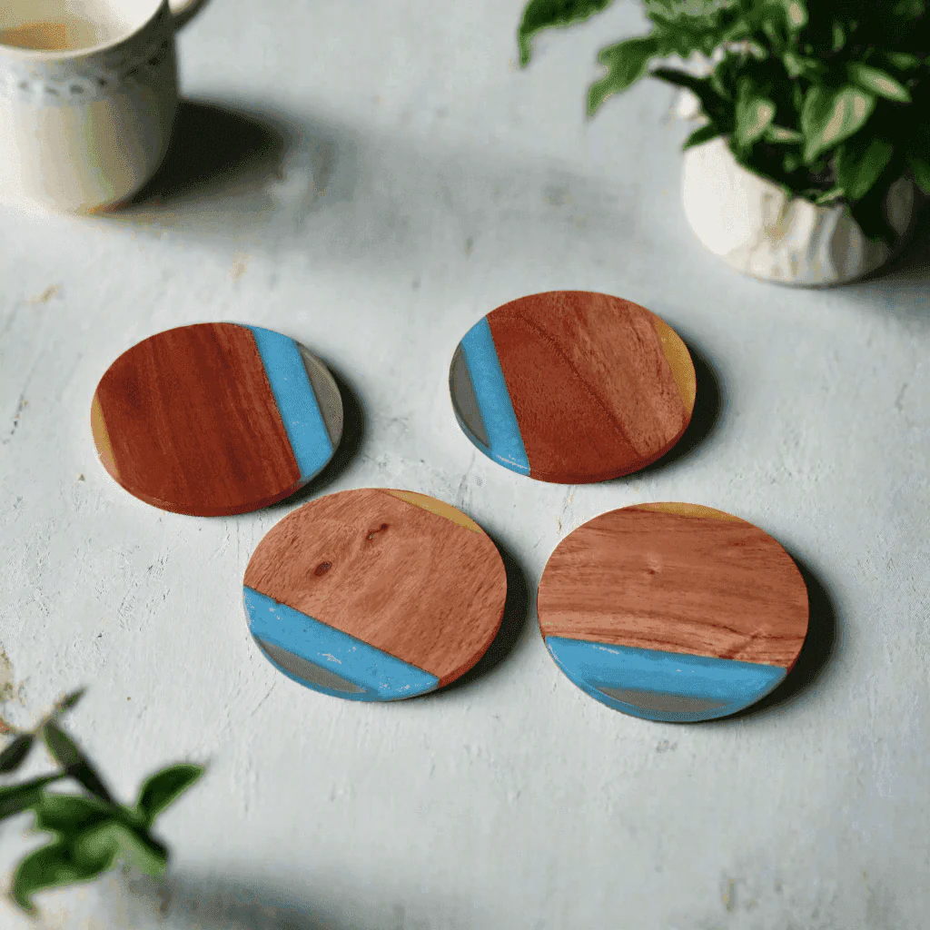 Acacia & Epoxy wood Table coasters |Table Coaster|Wooden Coasters|Handmade Tea Coasters  (The Brown Ocean)