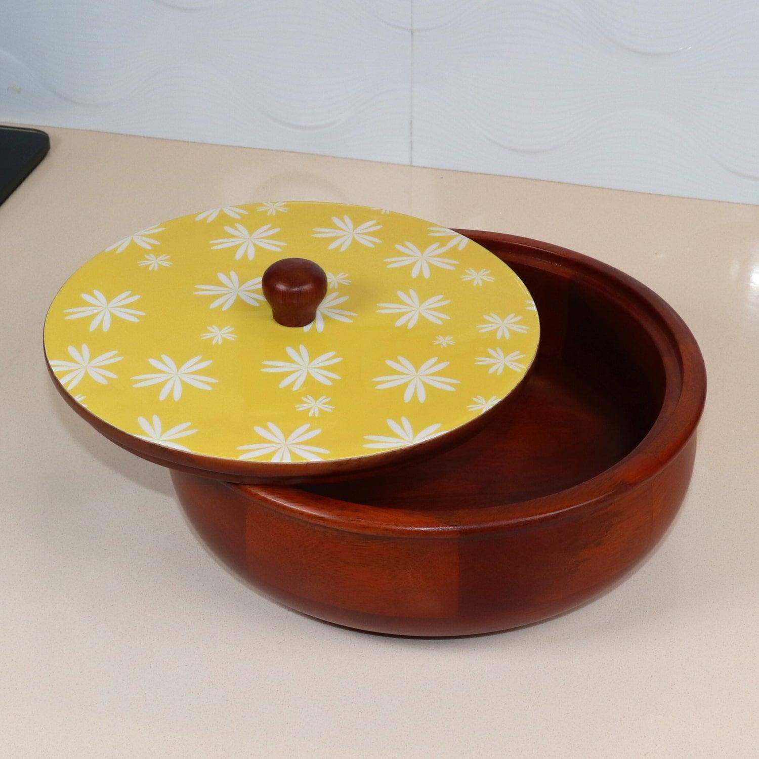 loosebucket® Floral Petal Wooden Chapati Box | wooden Casserole| Roti Box with lid for kitchen