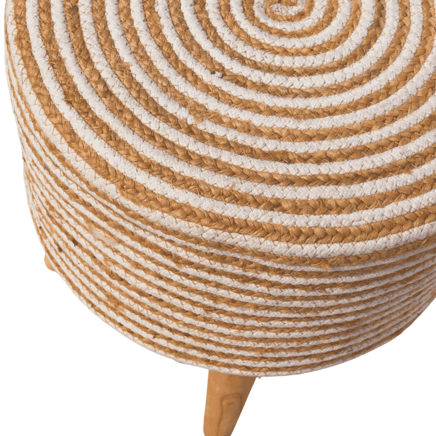 Jute Wooden Pouffe Stool  (White Spiral)