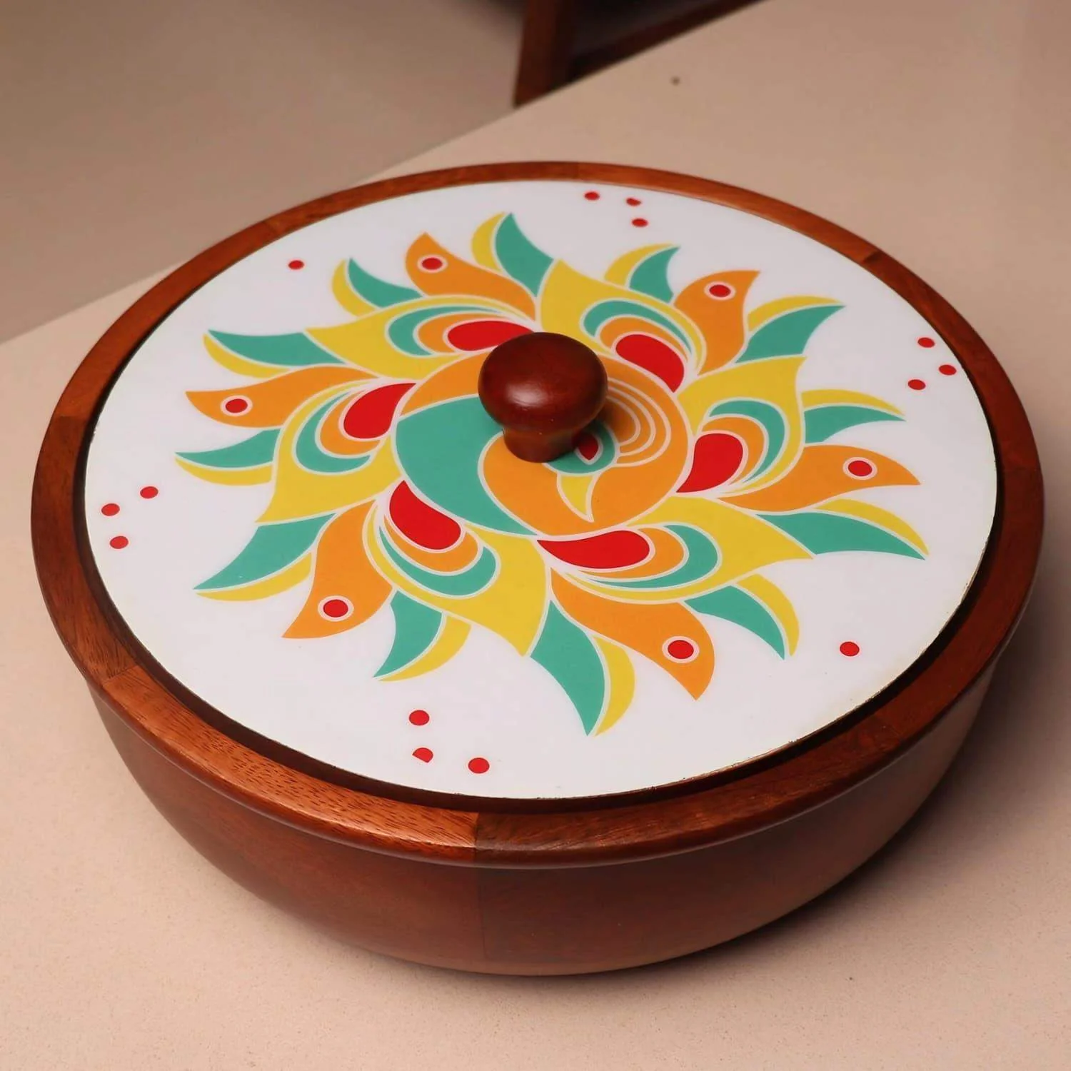 loosebucket®Rangoli Wooden Chapati Box Wooden Chapati Box | wooden Casserole| Roti Box with lid for kitchen