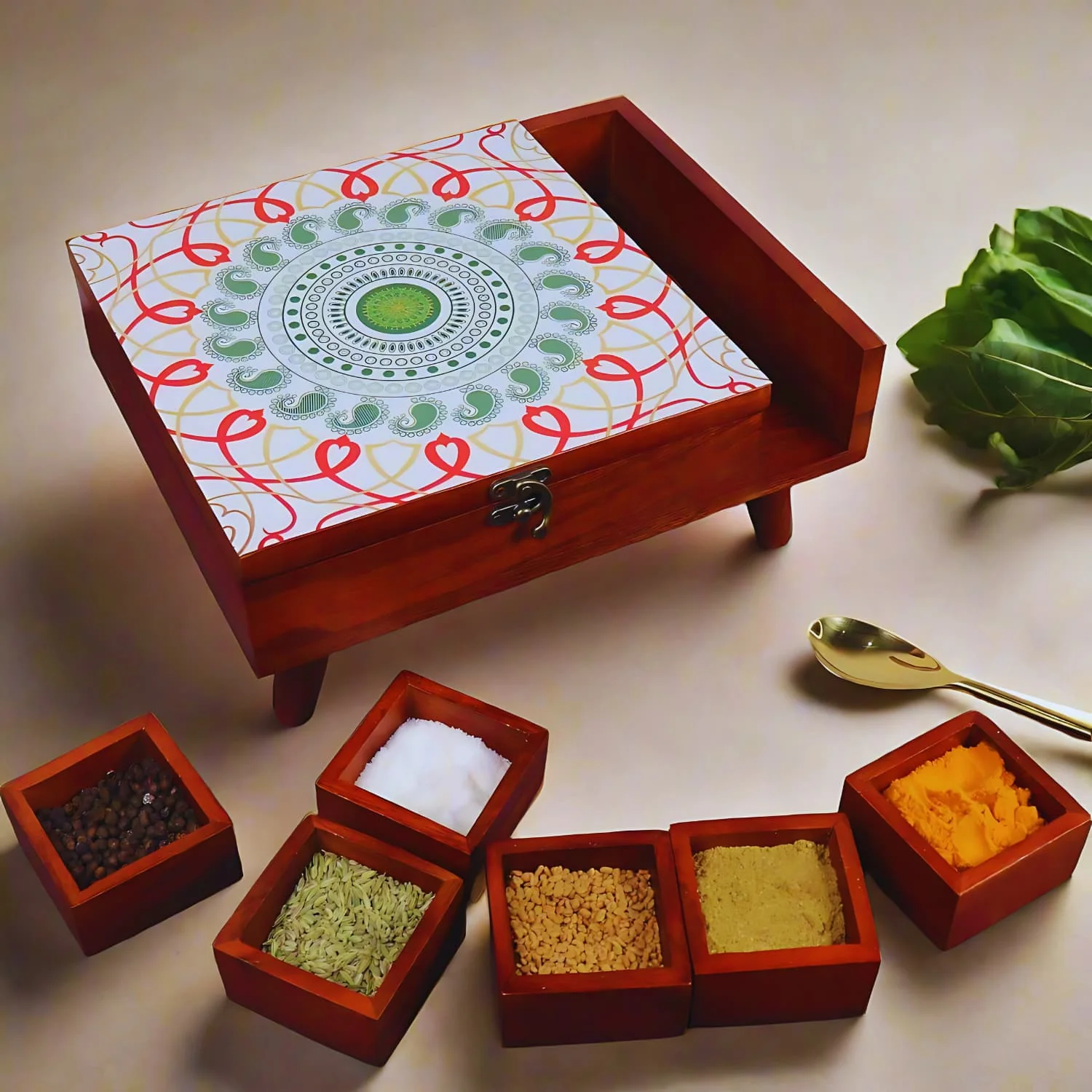 Mandala Chakra Wooden Spice Box in 9 partitions with Legs