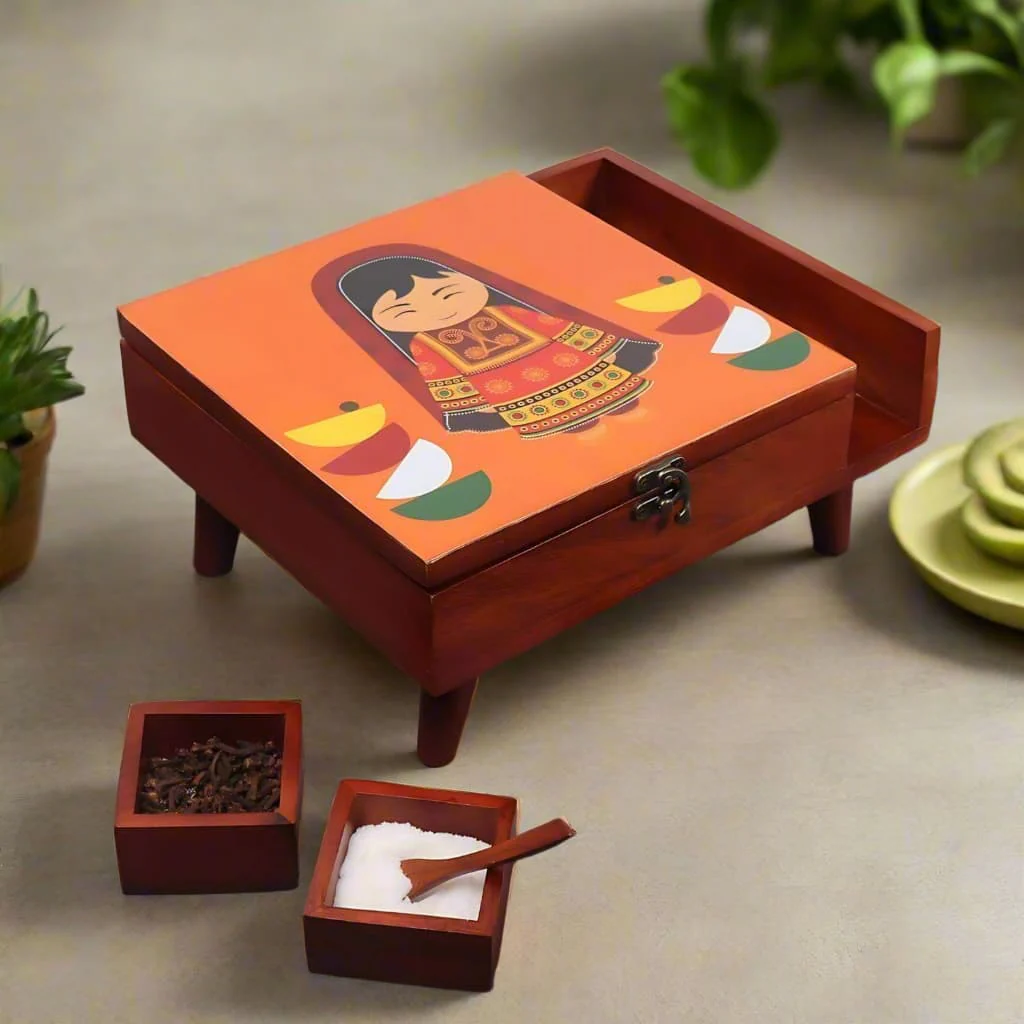 Rani Wooden Spice Box in 9 partitions with Legs