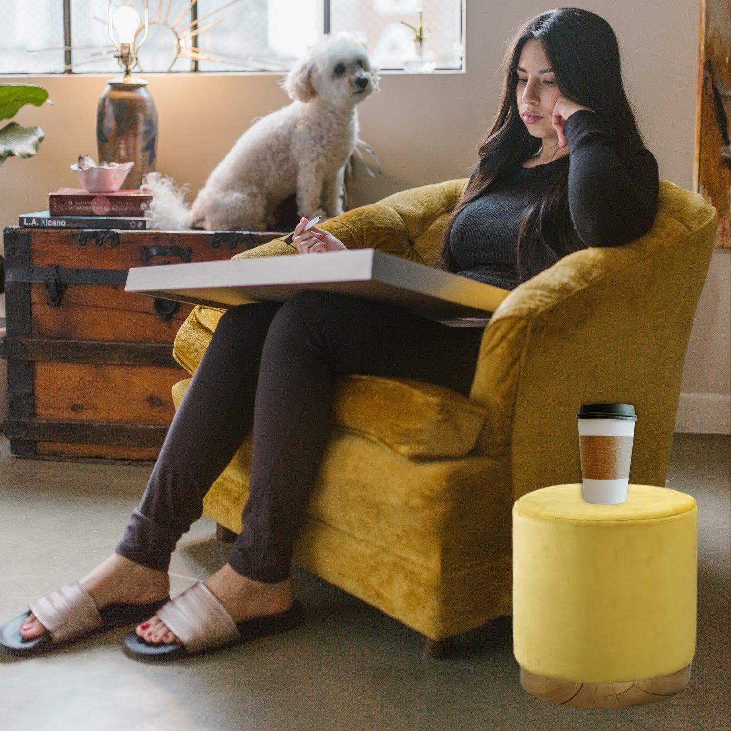 Wooden Yellow Velvet Stool