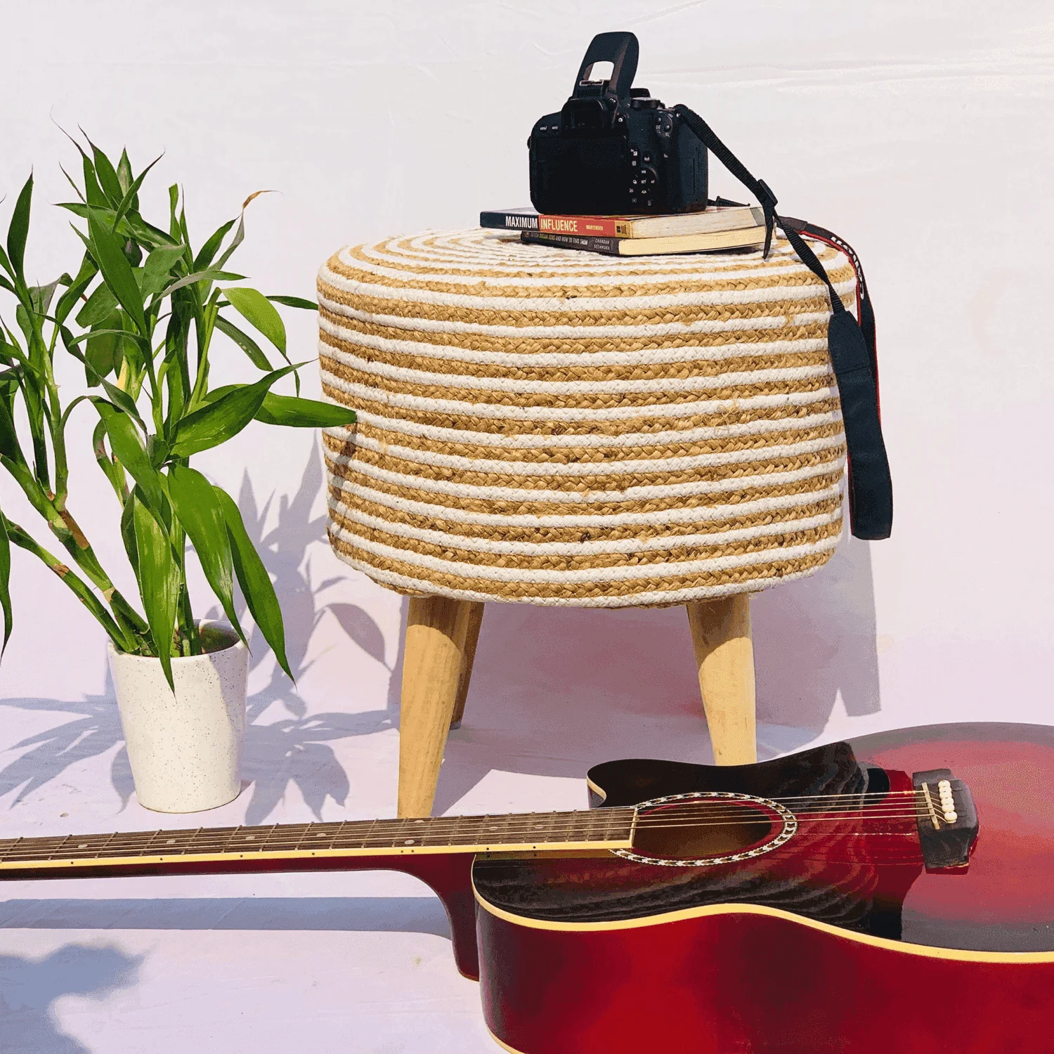 Jute Wooden Pouffe Stool  (White Spiral)