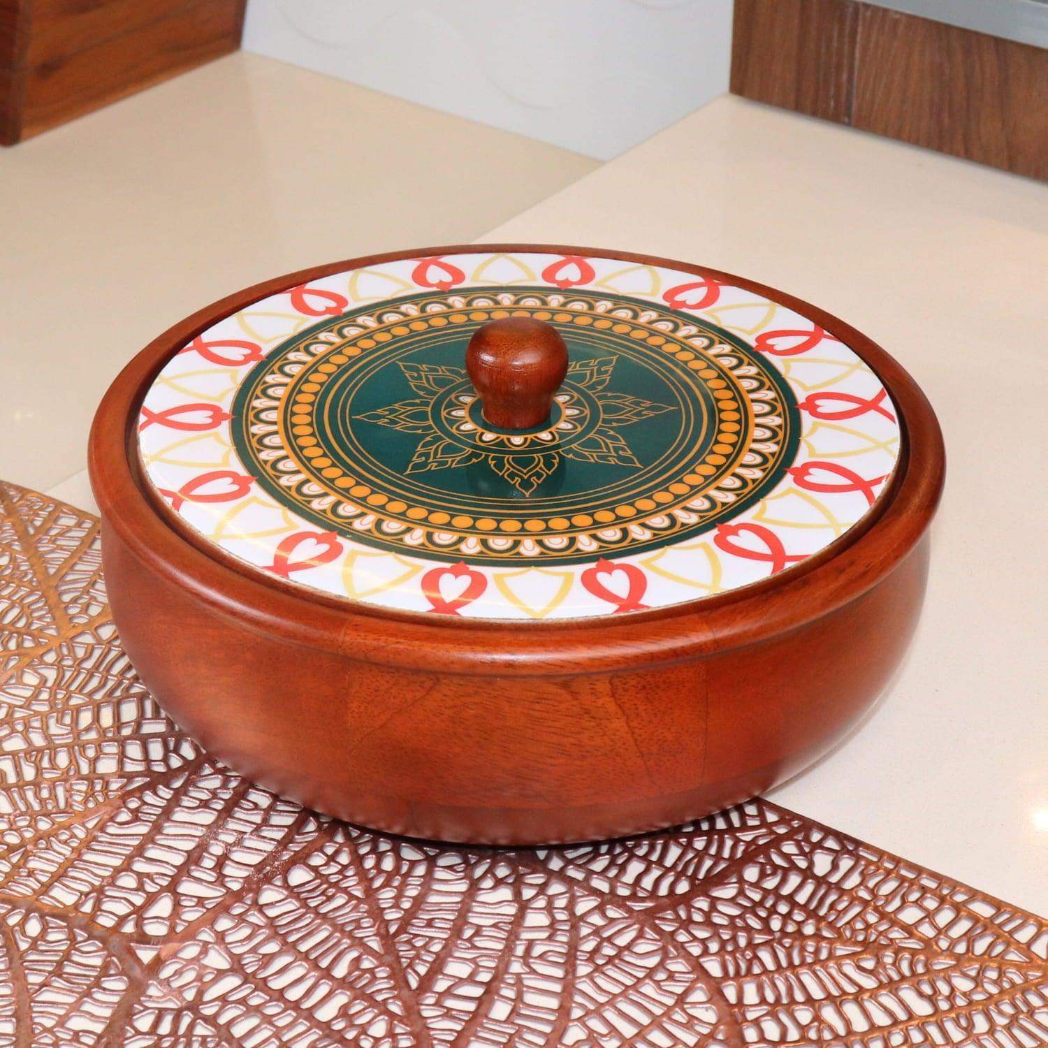 loosebucket®Mandala Magic Chapati Box Wooden Chapati Box | wooden Casserole| Roti Box with lid for kitchen