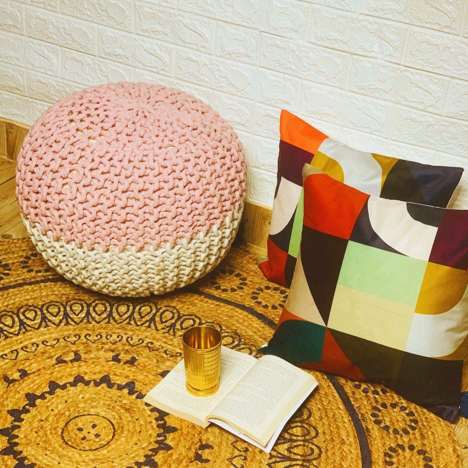 Round  Jute Pouffe (The Pink & White Royal)