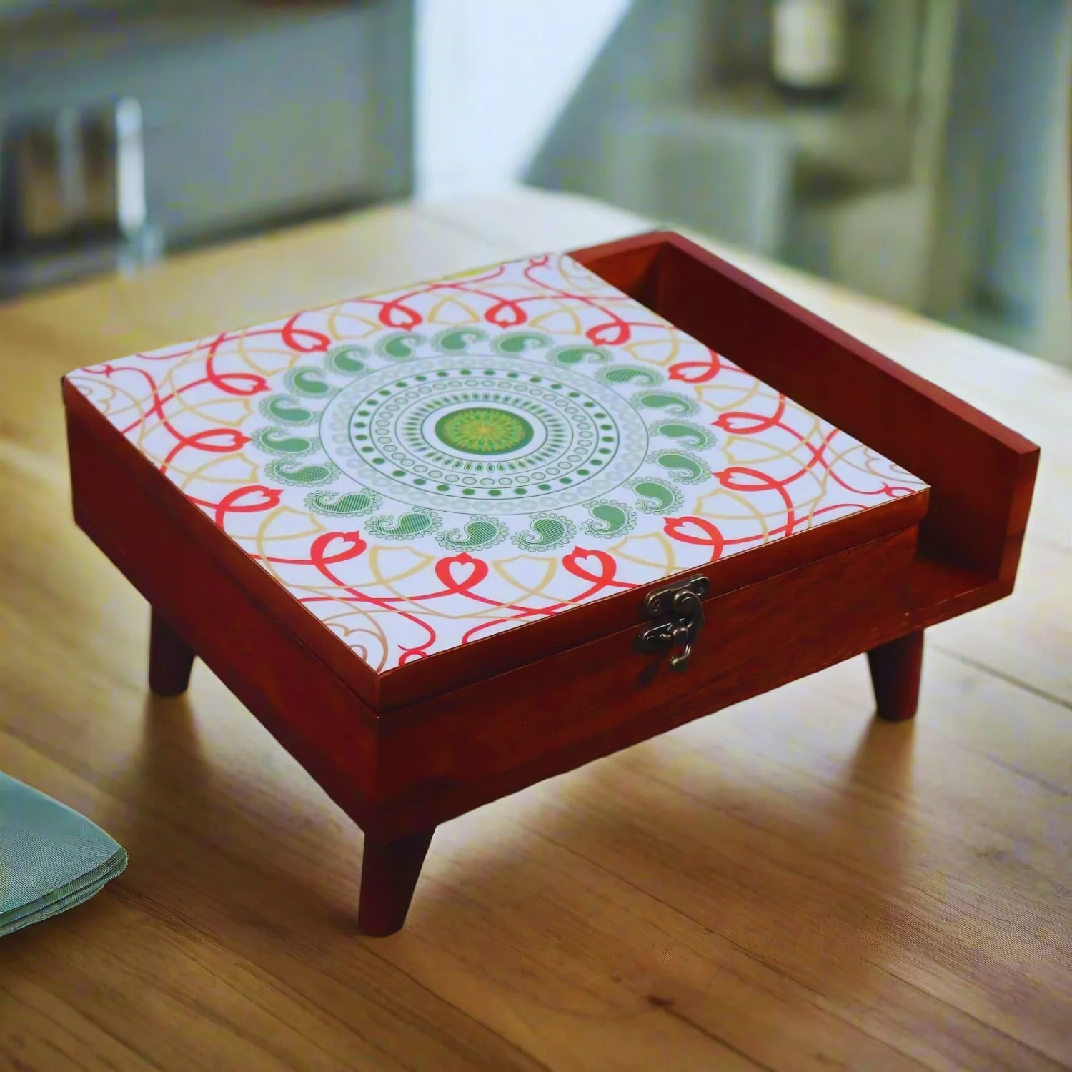 Mandala Chakra Wooden Spice Box in 9 partitions with Legs