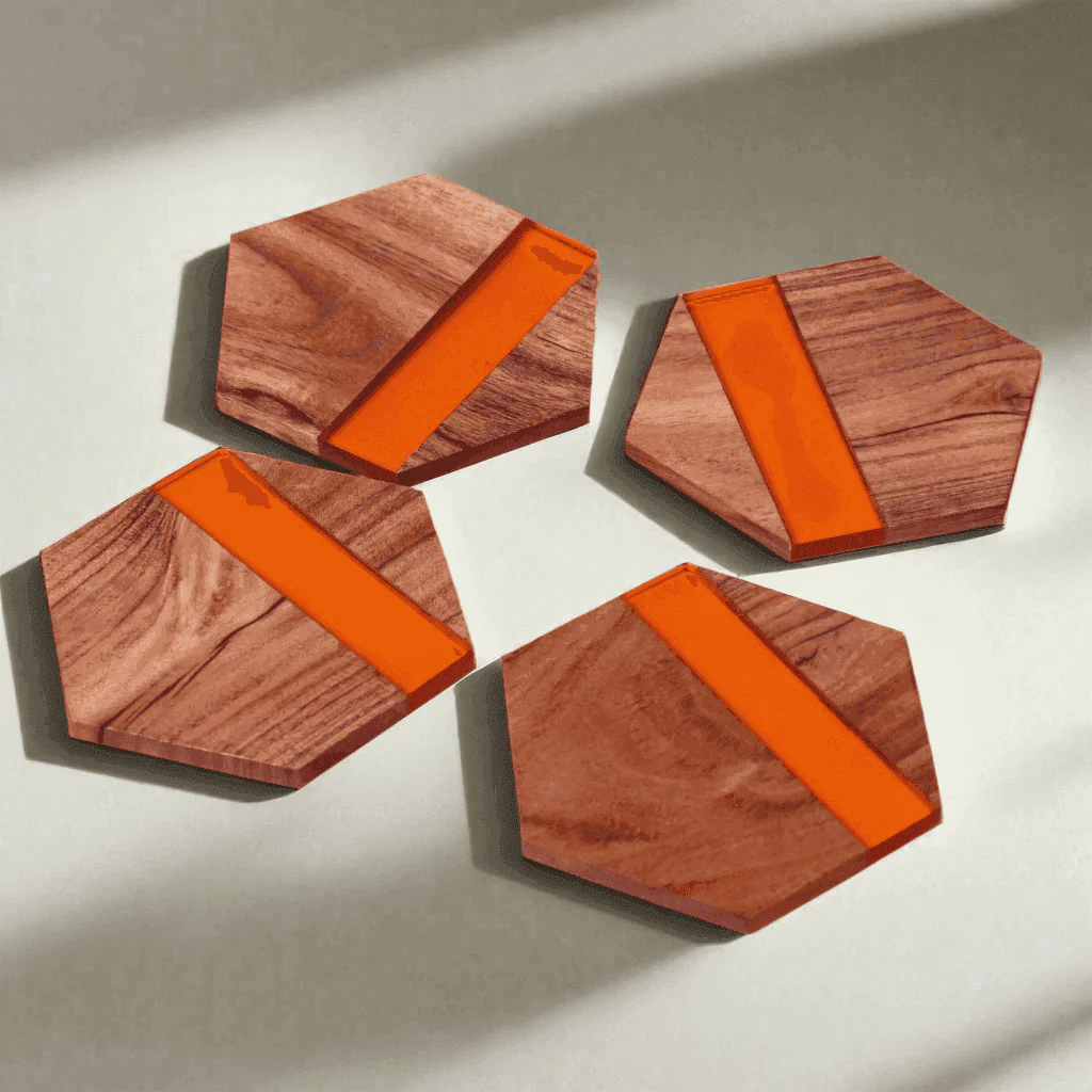 Acacia Wood & Epoxy Table coasters |Table Coaster|Wooden Coasters|Handmade Tea Coasters  (The Orange )
