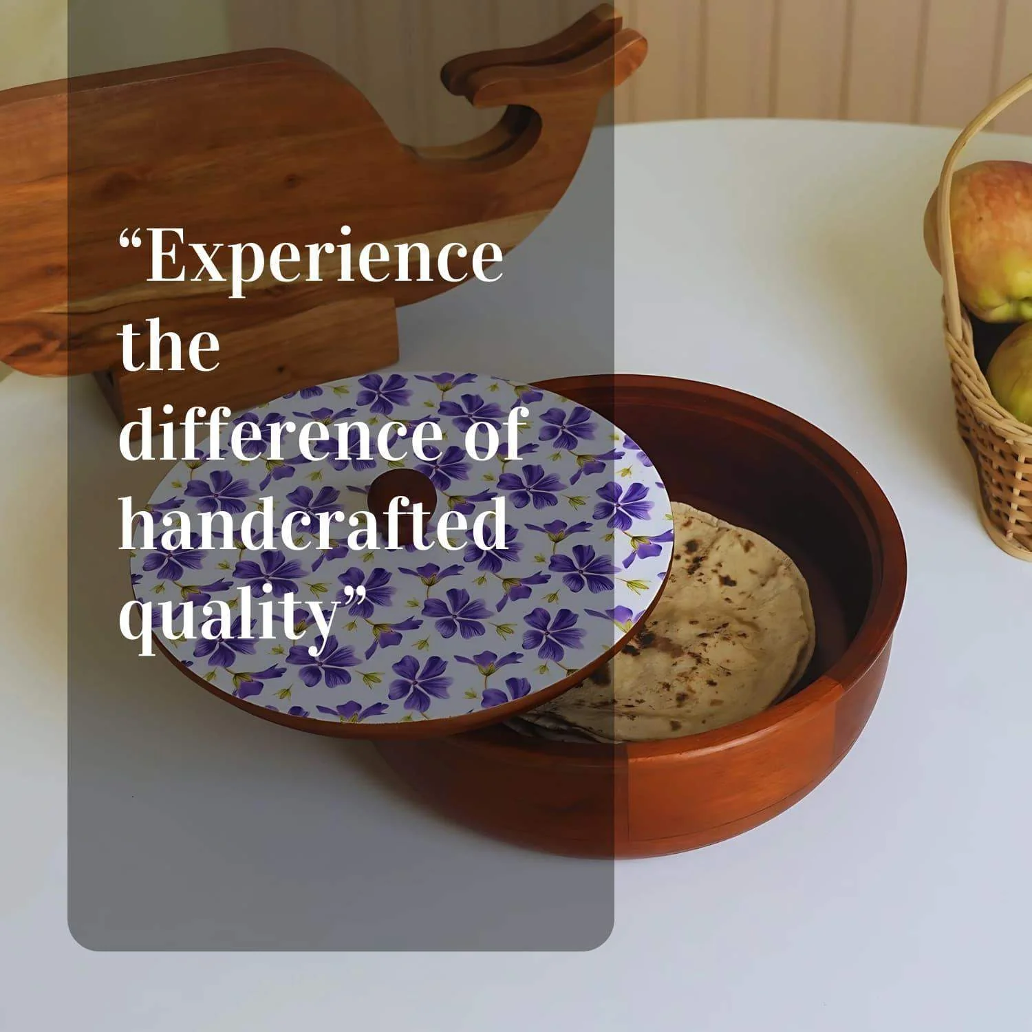 loosebucket®Purple petal wooden chapati box Wooden Chapati Box | wooden Casserole| Roti Box with lid for kitchen