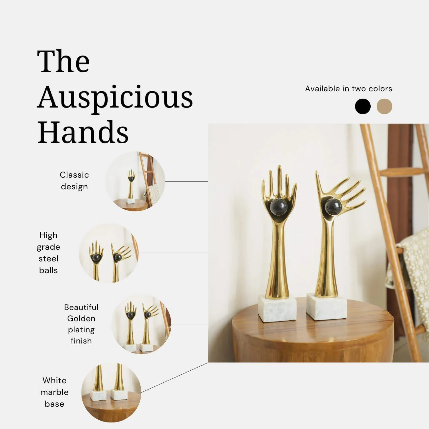 The Golden auspicious hands holding balls in aluminum set of 2