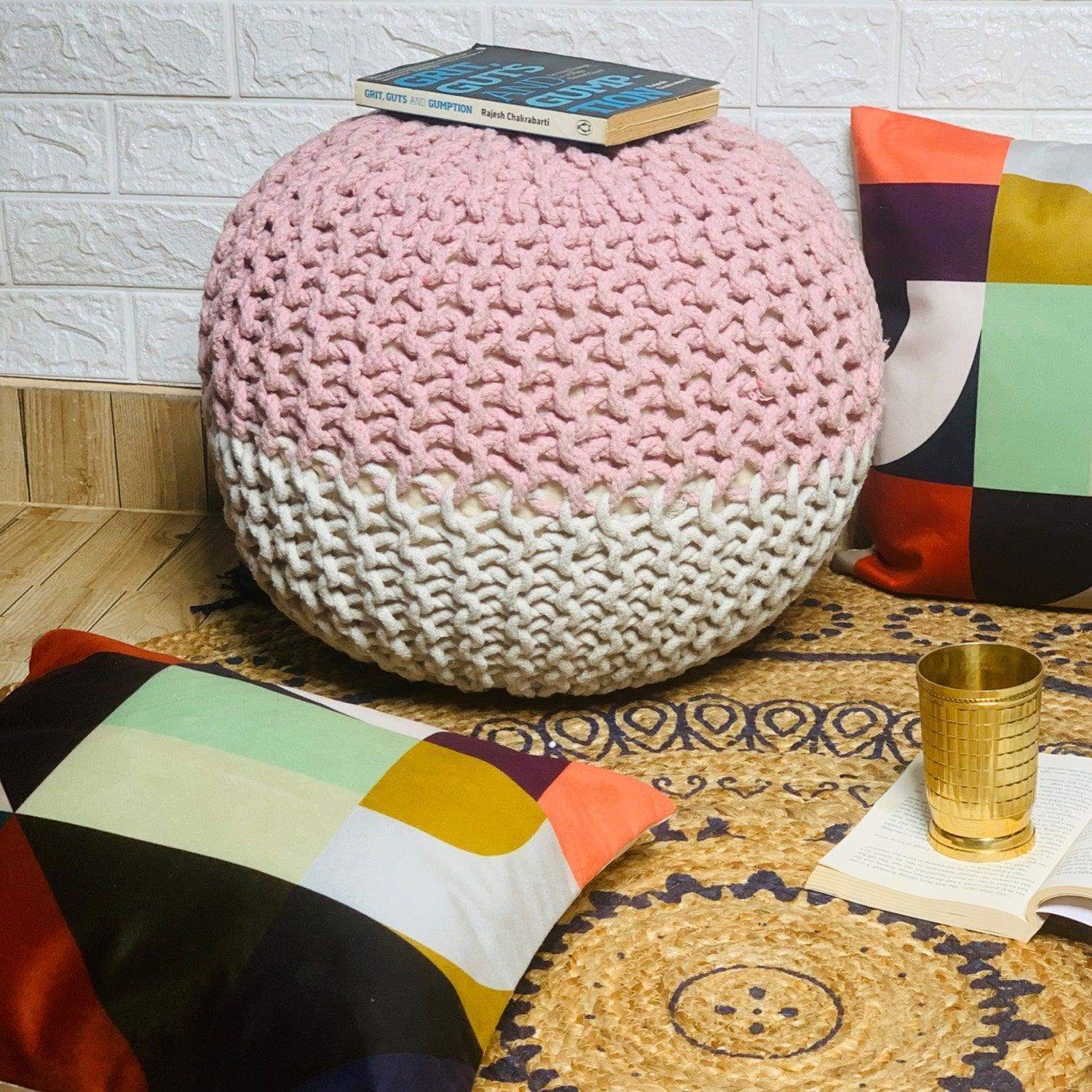 Round  Jute Pouffe (The Pink & White Royal)