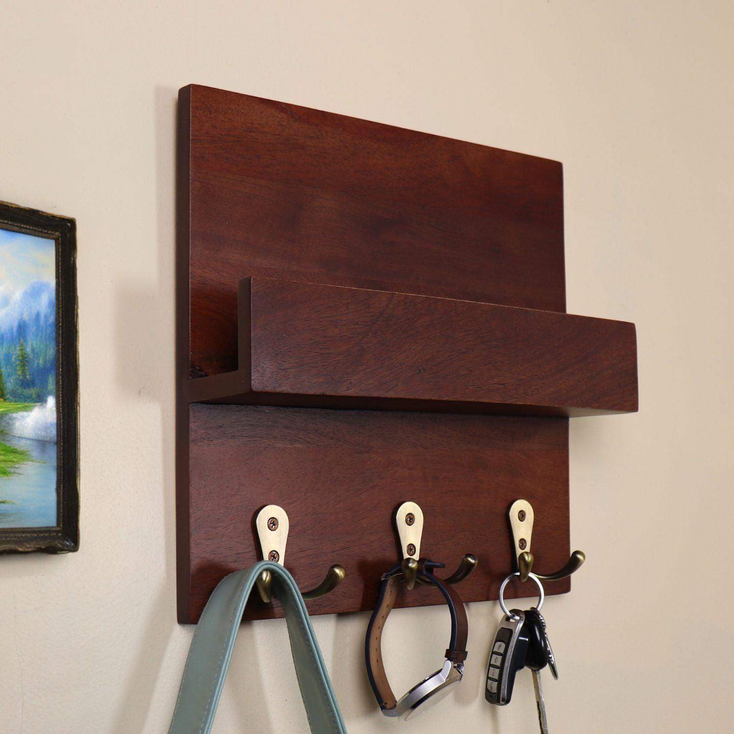 Wooden Key Holder with big Brass Hooks