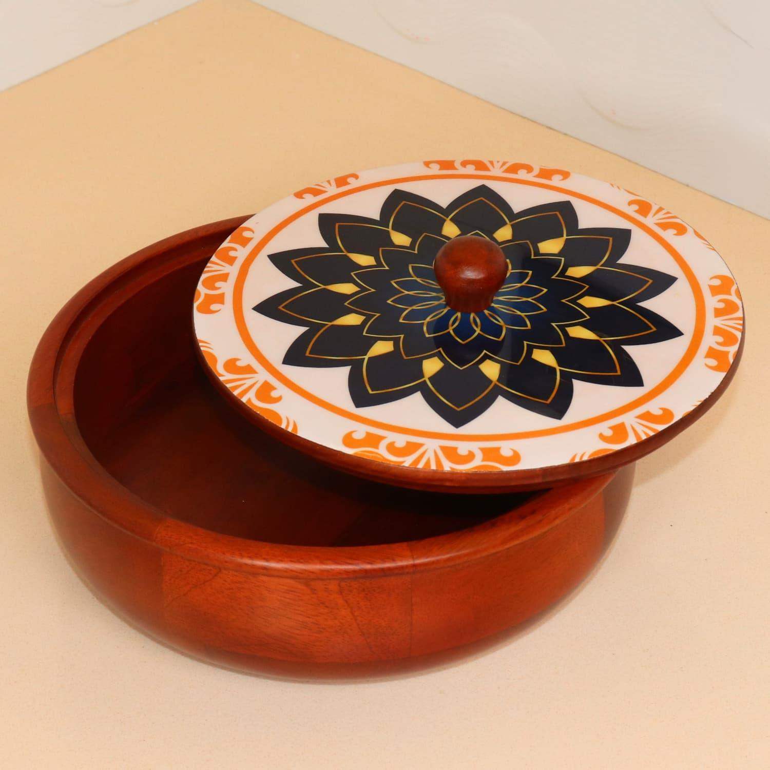 loosebucket®The Divine Harmony Chapati Box Wooden Chapati Box | wooden Casserole| Roti Box with lid for kitchen